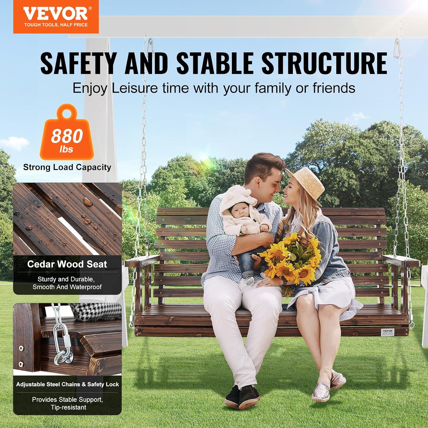 VEVOR Outdoor Wooden Porch Swing, 880lbs 4.5FT Heavy Duty Haning Porch Swings Bench Chair for Patio, Garden and Courtyard