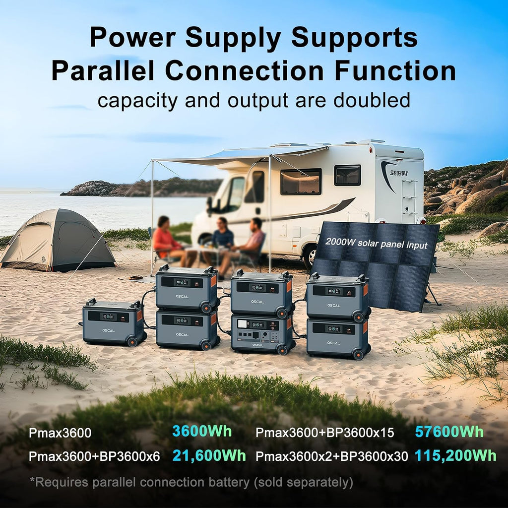 OSCAL Solar Generator 3600Wh PowerMax 6000 with 2x200W Portable Solar Panel, 120V/240V Power Station 6000W AC Outlets (9000W Peak), 2200W AC Charging/2400W Solar Charging, Home Battery Backup