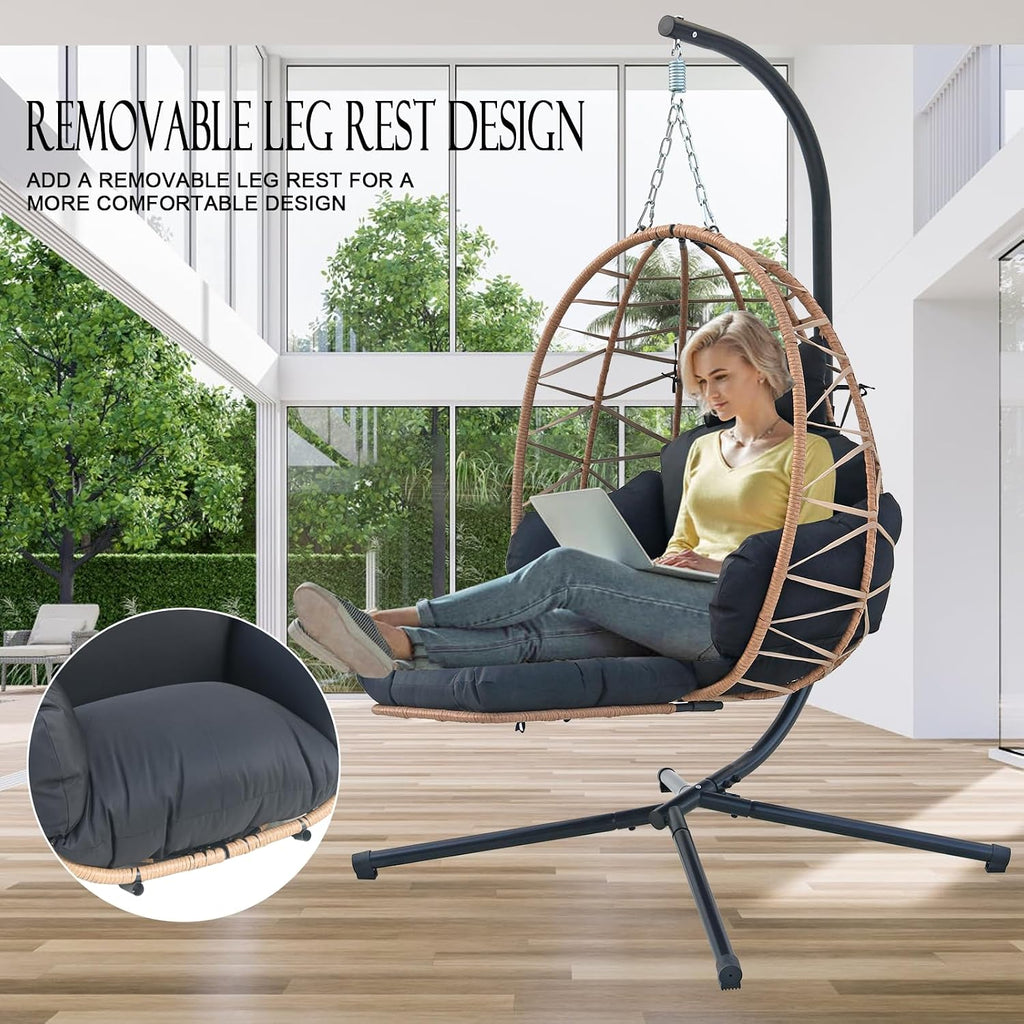 Hanging Egg Chair with Stand & Leg Rest,Rattan Wicker Swing Chair with Cushion,Patio Basket Hanging Chair Wicker Hammock Chair for Indoor Outdoor Bedroom Garden,300LBS (Yellow Rattan&Black Cushion)