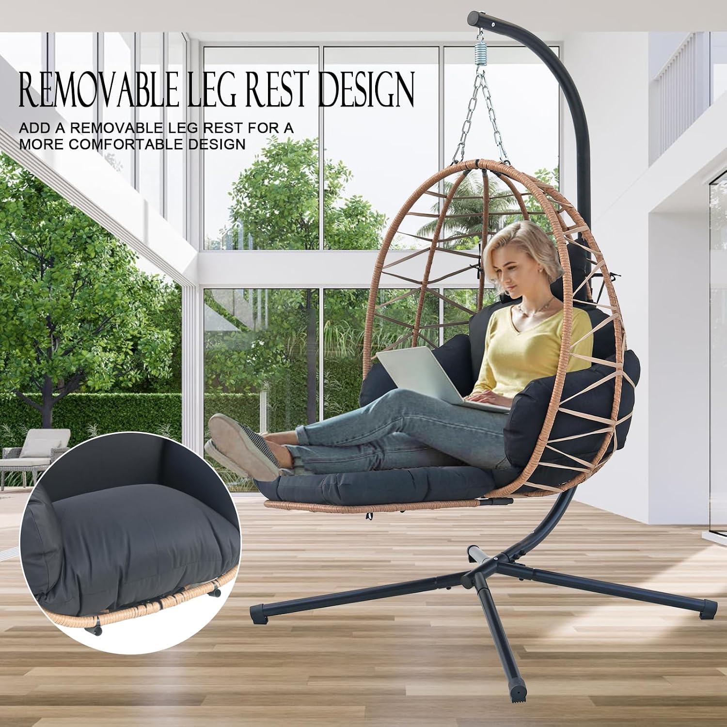 Hanging Egg Chair with Stand & Leg Rest,Rattan Wicker Swing Chair with Cushion,Patio Basket Hanging Chair Wicker Hammock Chair for Indoor Outdoor Bedroom Garden,300LBS (Yellow Rattan&Black Cushion)