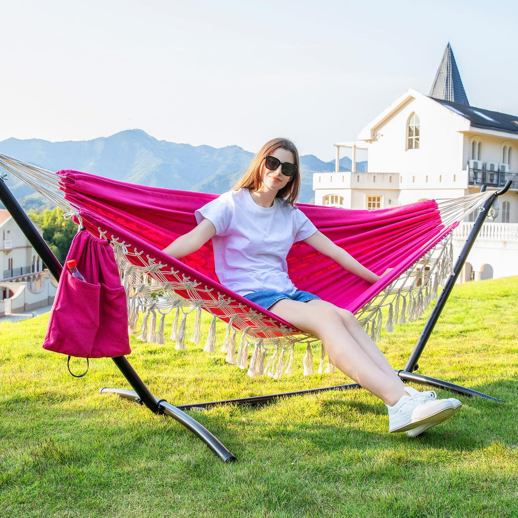 PNAEUT Handmade Tassel Hammocks, Double Hammock with Stand for Outside, Max 450 lbs Capacity, Pillow & Storage Bag Included (Pink)