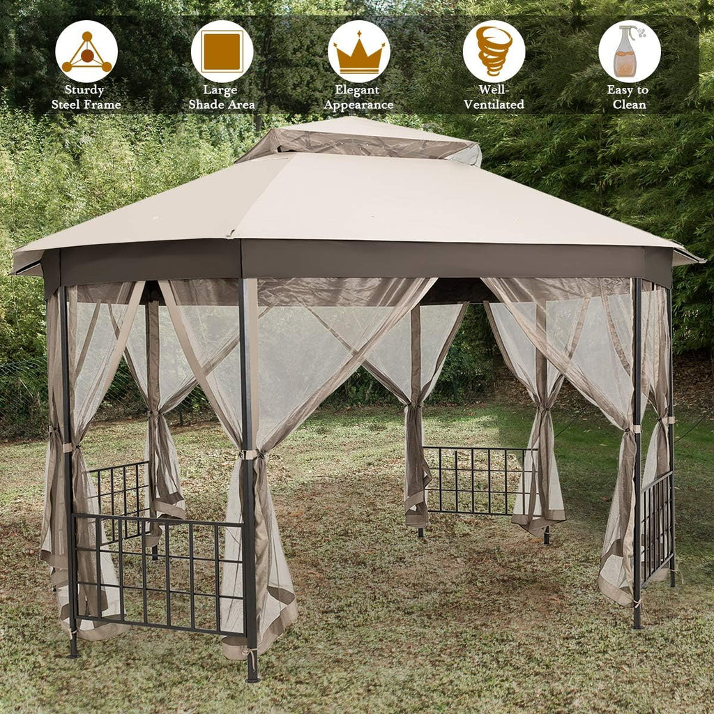 Tangkula 10 x 12 Ft Patio Gazebo, Heavy Duty Octagonal Canopy Gazebo w/Netting Sidewalls and Sturdy Steel Frame, Double Roof Vented Gazebo Canopy Shelter for Backyard Event Party BBQ (Beige)