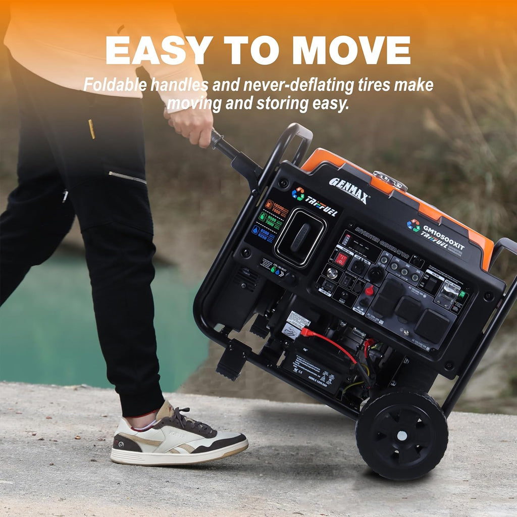 GENMAX 10500 Peak Watt Tri Fuel Open Frame Inverter Generator,with ATS,Quiet Technology,CO Sensor,digital display and 50A,Ideal for Home backup,contruction site and RV Camping (GM10500XiT)