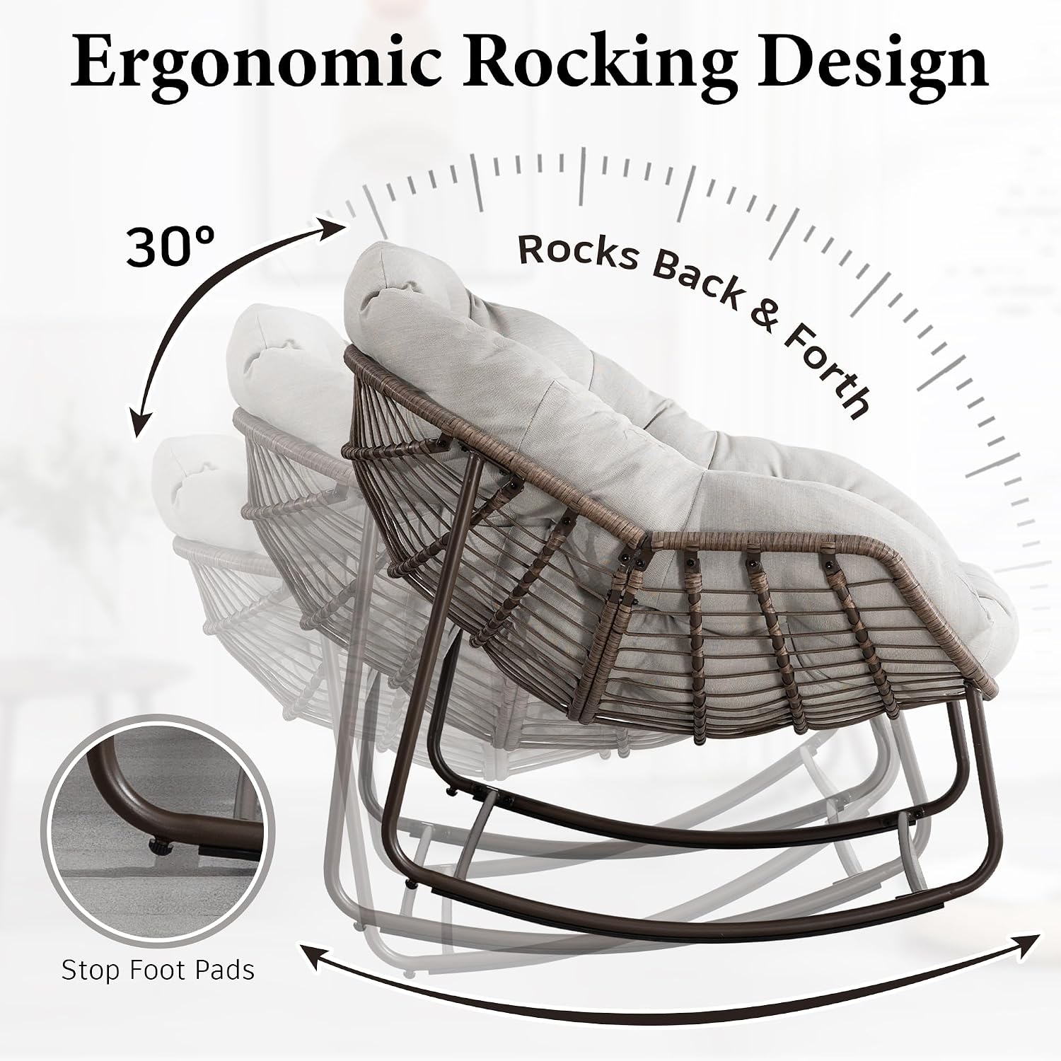 Large Indoor Outdoor Rocking Chair, Oversized Rocking Papasan Chair with Thick Cushion and Frame Outdoor Rocker, Comfy Wicker Egg Chairs Lounge for Outside Porch Patio Backyard (Beige, Set of 2)