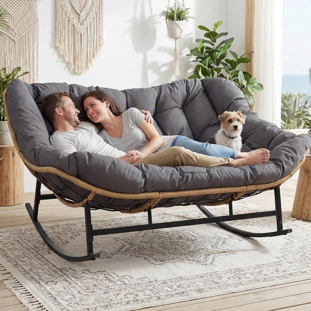 BULEXYARD Double Papasan Rocking Chair Indoor Outdoor, 2 Person Wicker Rocking Egg Chair with Dark Grey Thick Cushion, Oversized Large Patio Lounge Loveseat for Balcony, Porch, Garden, Lawn