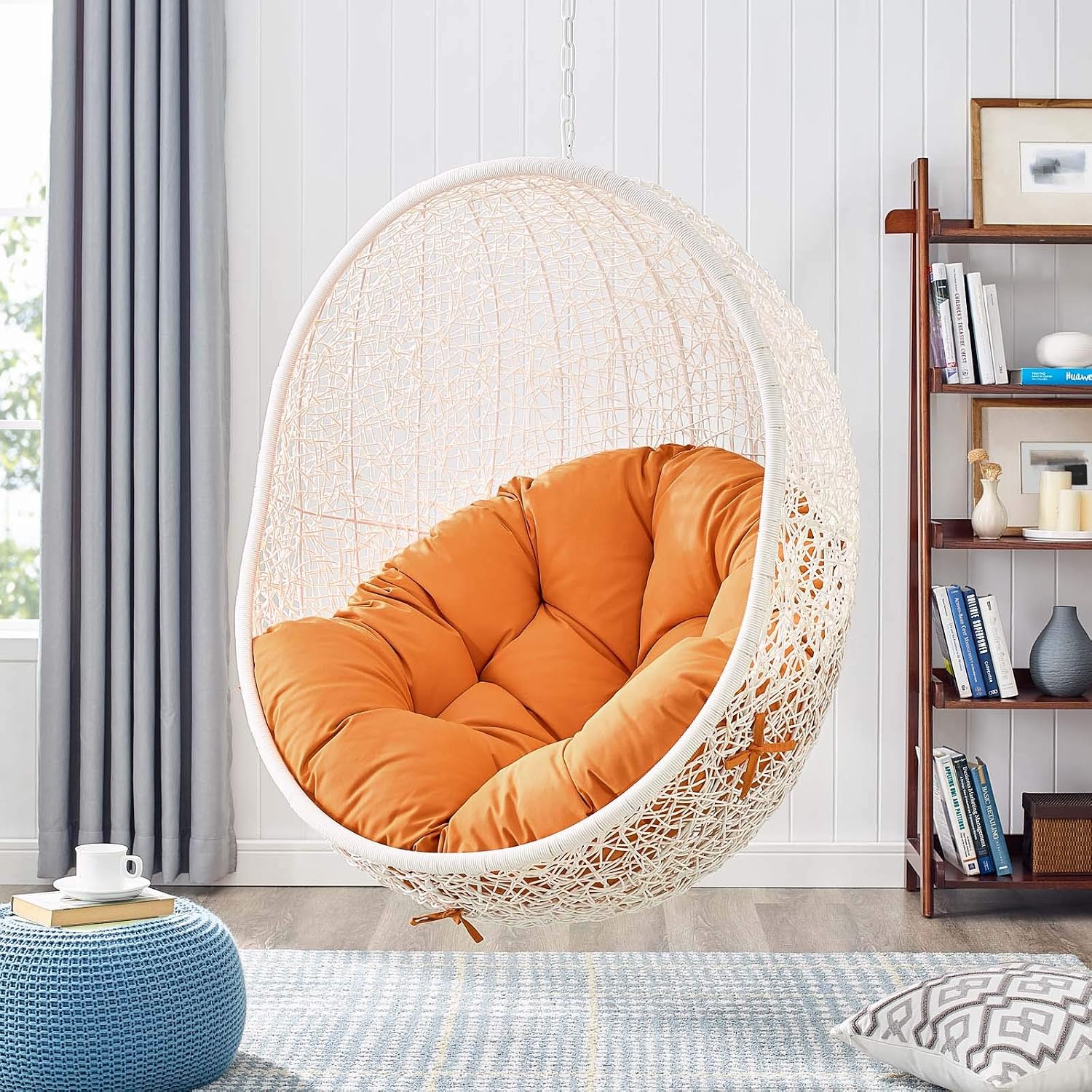 Modway Hide Wicker Rattan Outdoor Patio Porch Lounge Egg Swing Chair Set with Stand in White Orange