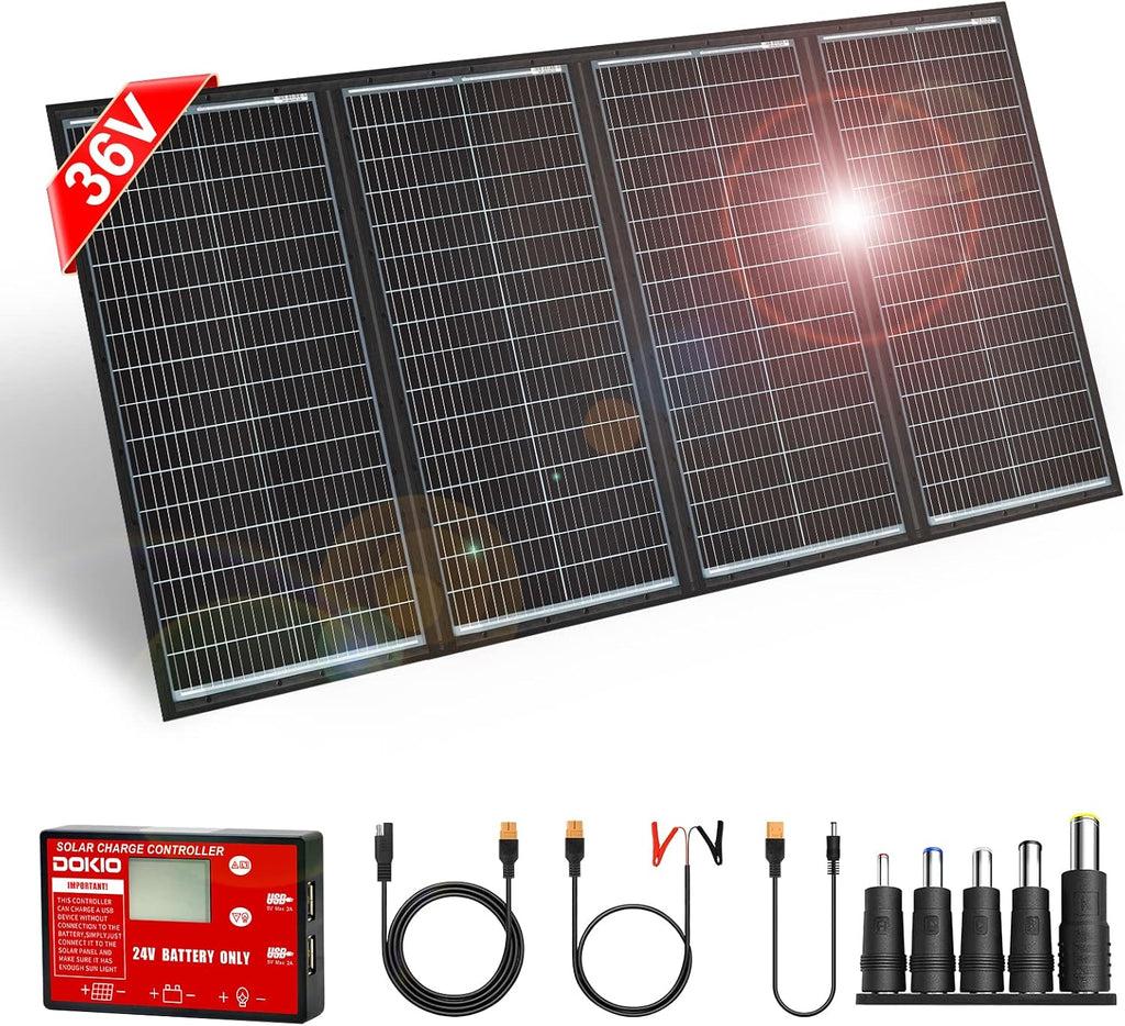 DOKIO 300W 36V Portable Foldable Solar Panel Kit, Compact 19x37in Design 15.21lb with Standalone Controller and USB, Monocrystalline Charger for 22V Batteries, Power Stations, RV Camping Emergency Use