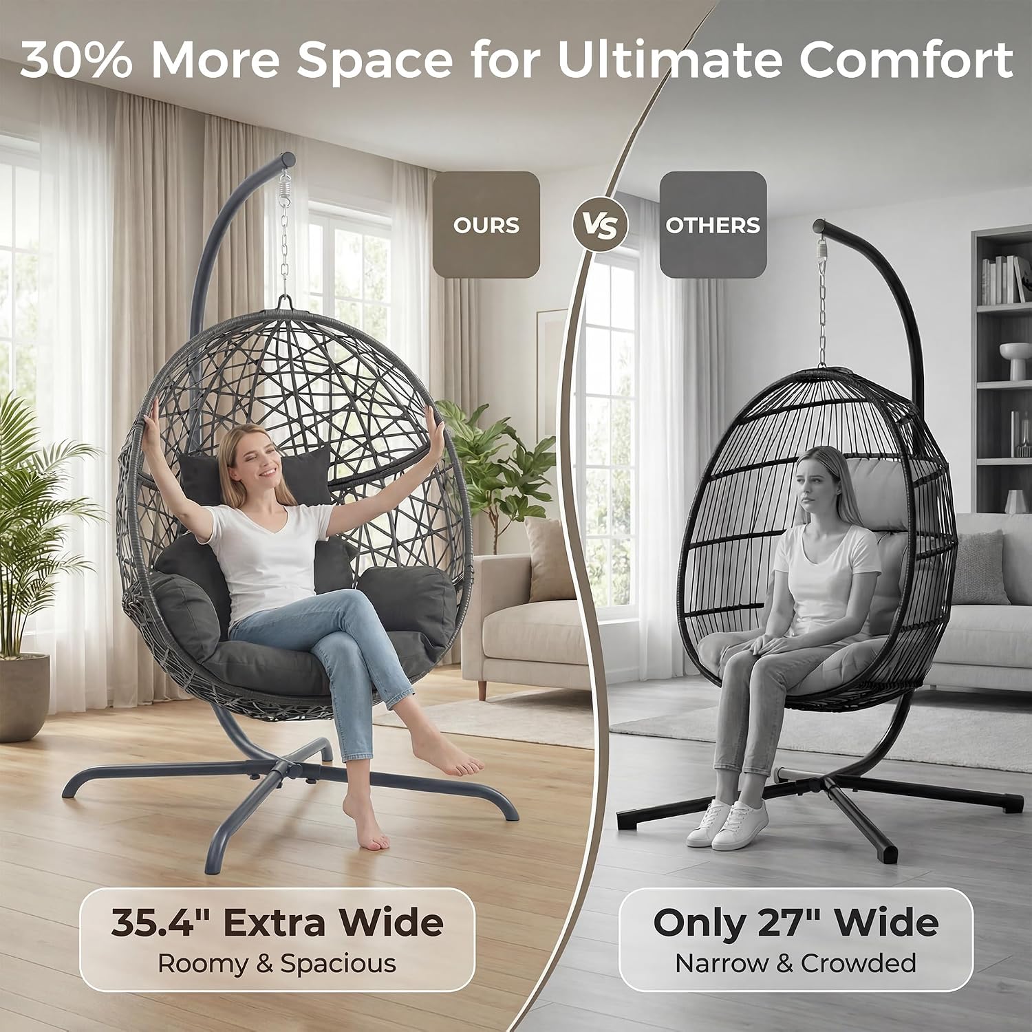 NICESOUL Swing Egg Chair with Stand, Bird Cage Patio Hanging Chair with Cushion, Large Swinging Chairs Indoor Outdoor, All-Weather 350lbs Eggshell Basket Seat for Porch, Backyard, Dark Grey