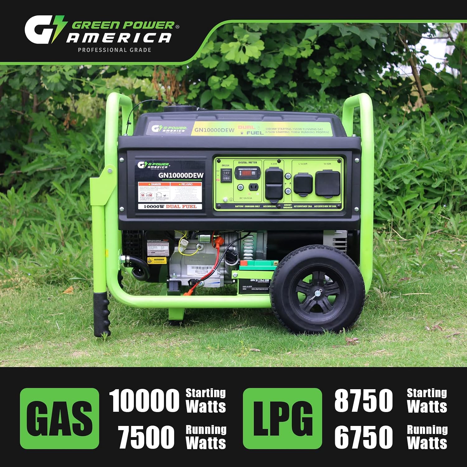 Green-Power America 10000 Watt Dual Fuel Portable Generator, Gas/Propane Powered, Electric Start, Home Backup & RV Ready