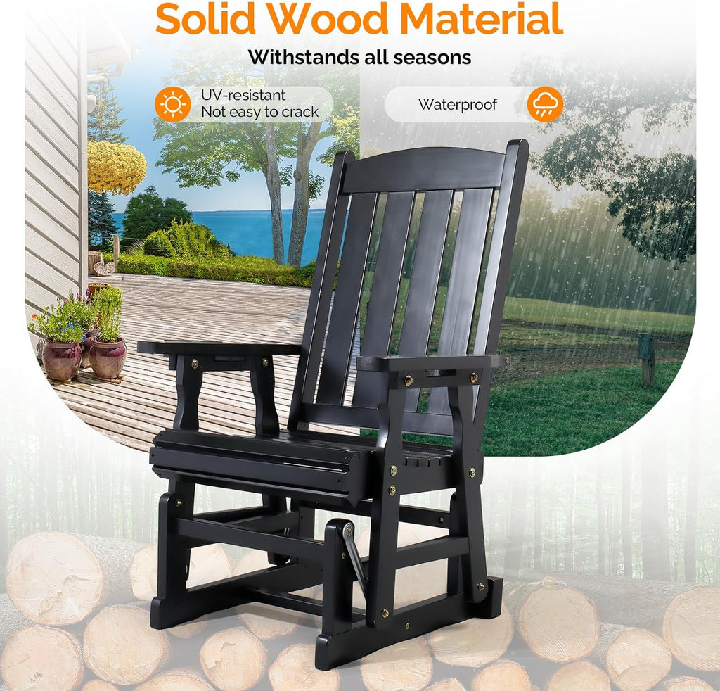 VINGLI Outdoor Glider Chair Wood Patio Glider with Cup Holder, Porch Glider with Smooth Rocking Mechanism, Heavy Duty 600 LBS, Black