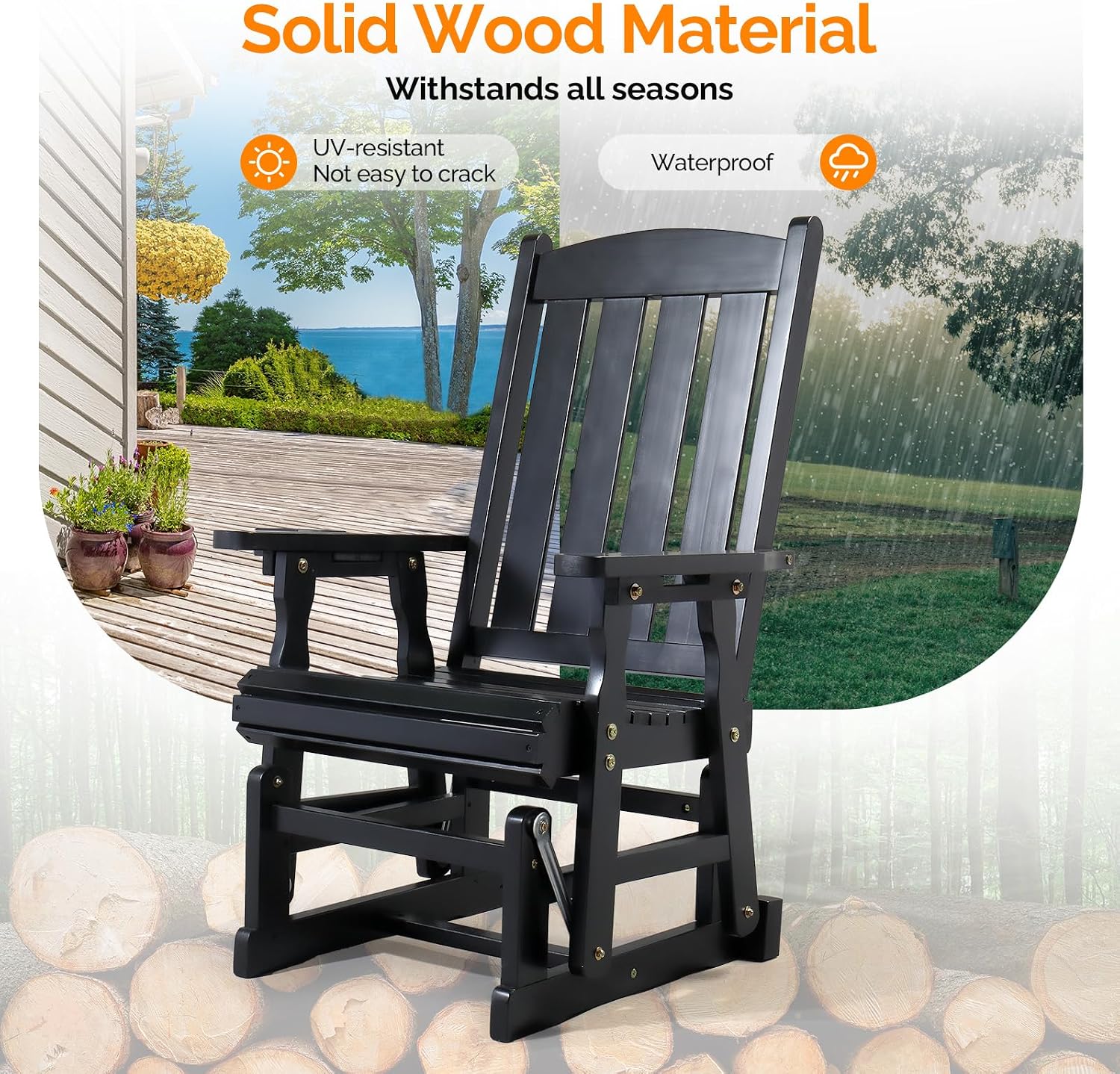 VINGLI Outdoor Glider Chair Wood Patio Glider with Cup Holder, Porch Glider with Smooth Rocking Mechanism, Heavy Duty 600 LBS, Black