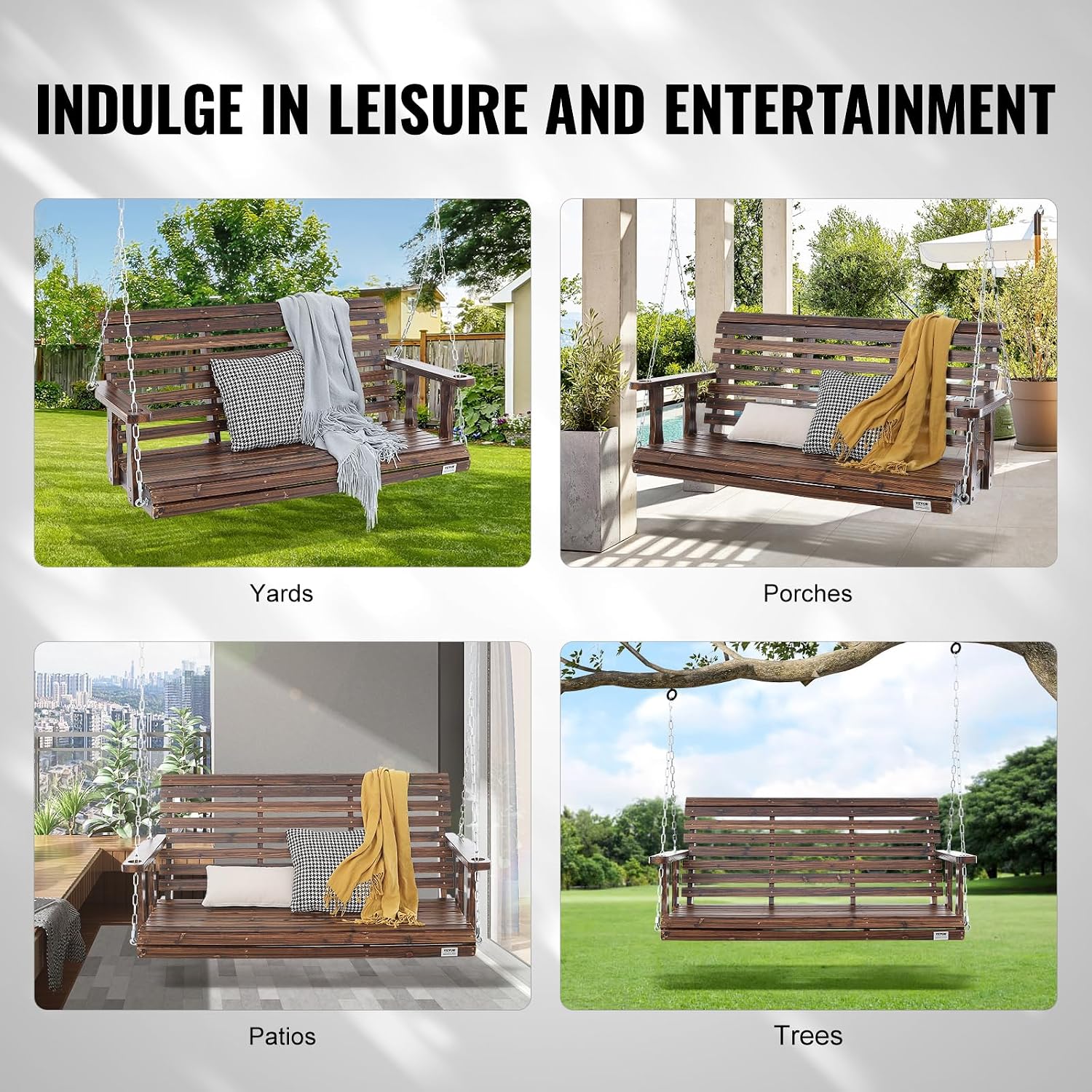 VEVOR Outdoor Wooden Porch Swing, 880lbs 4.5FT Heavy Duty Haning Porch Swings Bench Chair for Patio, Garden and Courtyard