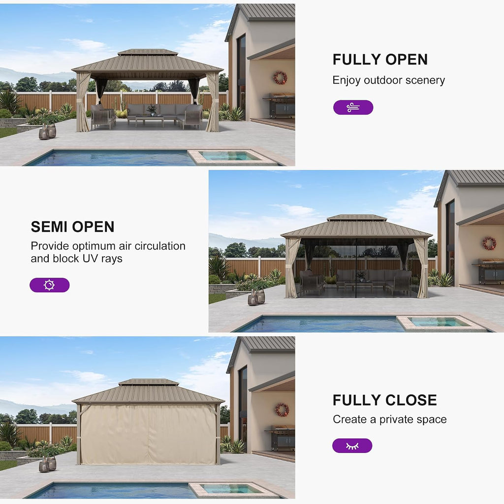 PURPLE LEAF 12' x 16' Outdoor Hardtop Gazebo with 11 Pieces Outdoor Dining Set, Champagne Aluminum Gazebo with Galvanized Steel Double Roof, Curtains and Netting for Patio Lawn and Garden
