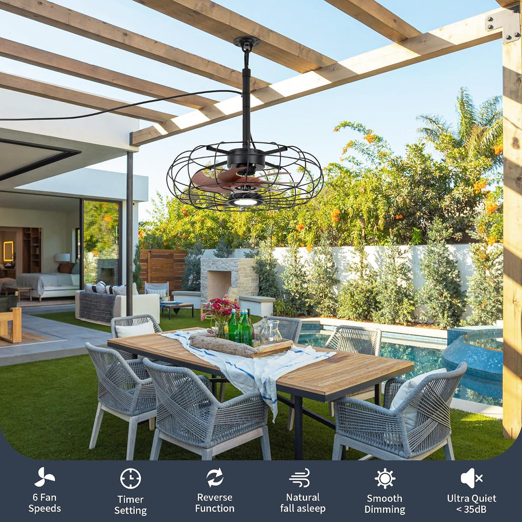 20' Outdoor Ceiling Fan with Light, With Remote and App Remote, IP65 Waterproof Gazebo Hanging Fan, 3CCT Dimmable, Portable Plug in Ceiling Fan with Cord Hook for Patio Porch Pergola Indoor(Black)
