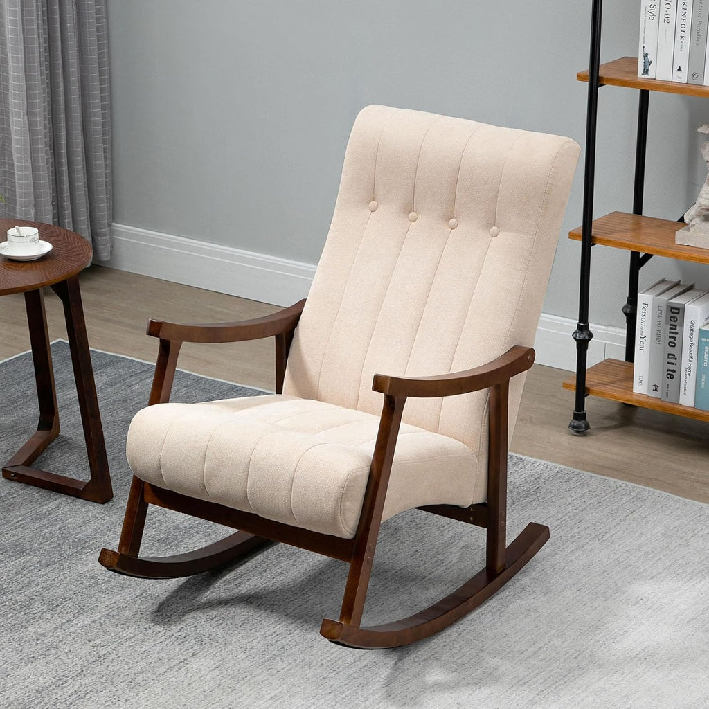 AVAWING Upholstered Rocking Chair with Fabric Padded Seat, Comfortable Rocker Solid Wood for Living Room, Modern High Back Armchair for Adult, Beige