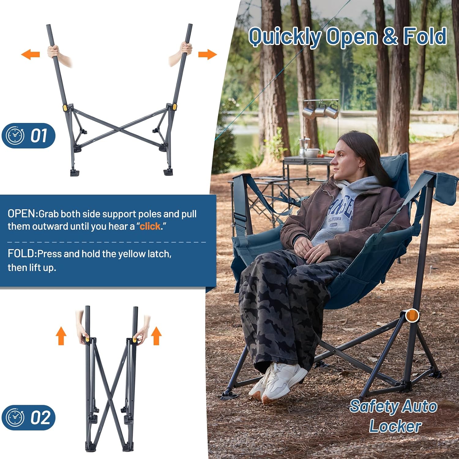 TIMBER RIDGE Hammock Camping Chair with Adjustable Backrest, Heavy Duty Folding Hammock Chair Supports 300lbs, Portable Hammock Chair for Camping, Travelling and Patio, Blue 2 Pack