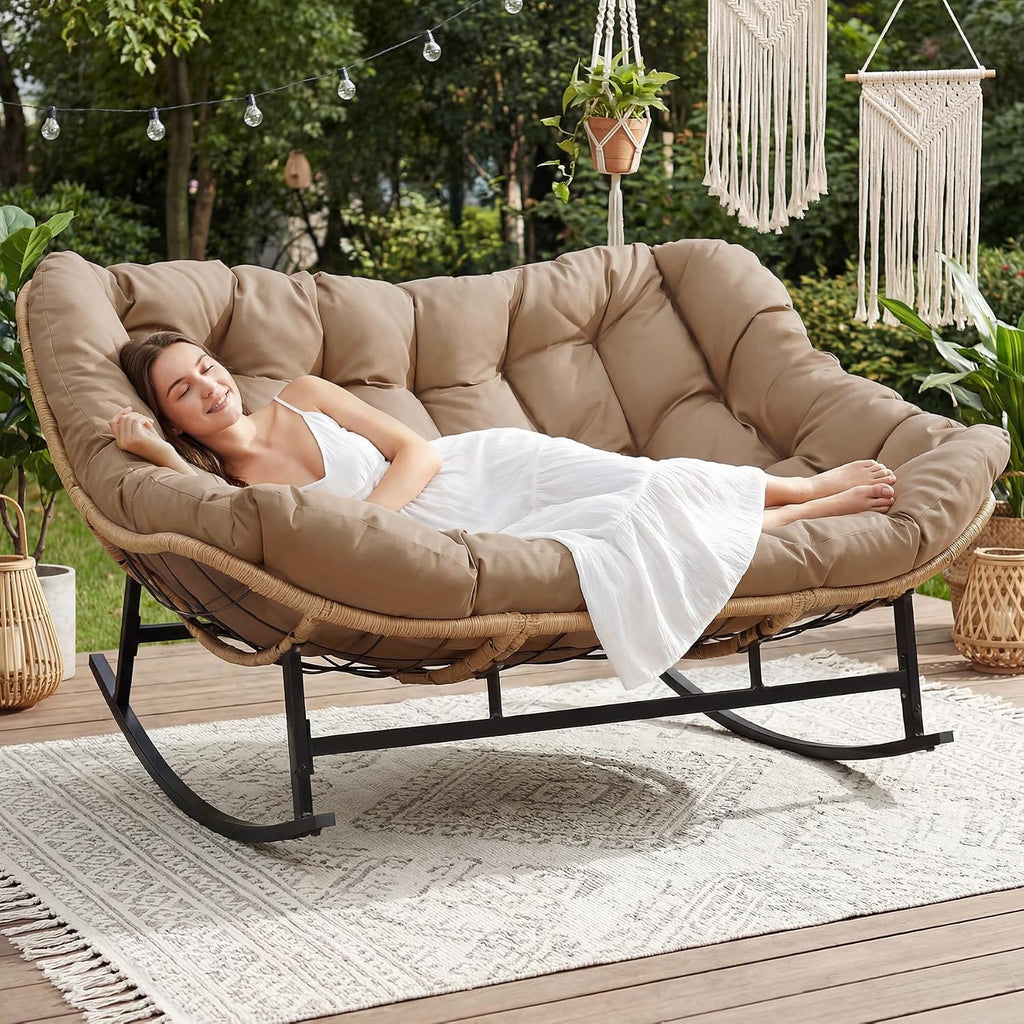 RADIATA Double Rocking Chair, Oversized Egg Rocking Chairs for 2 Person, Large Wide Papasan Loveseat with Cushion and Frame, Comfort Outdoor Furniture for Reading/Relaxing Patio Garden Backyard Brown