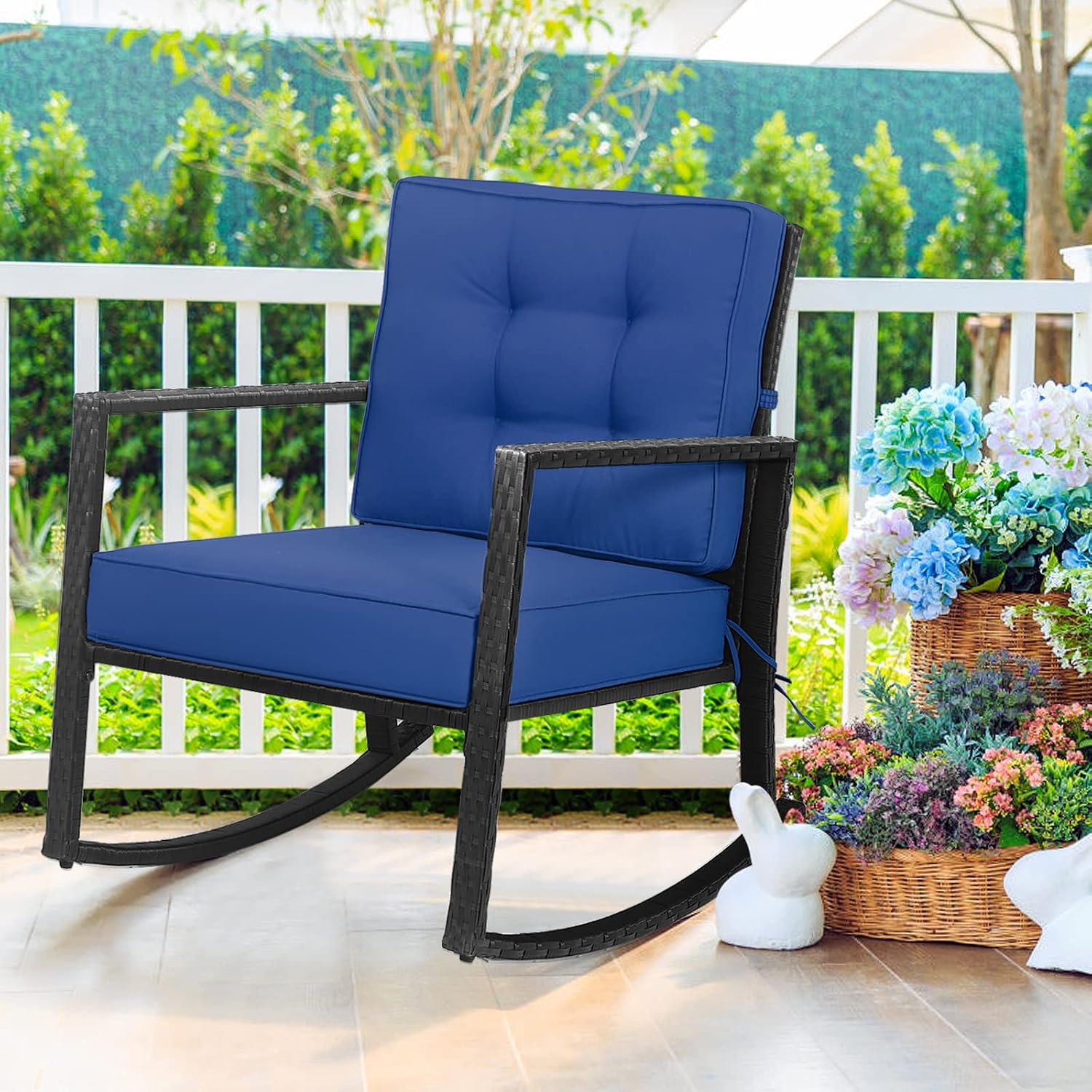 Tangkula Wicker Rocking Chair, Outdoor Glider Rattan Rocker Chair with Heavy-Duty Steel Frame, Patio Wicker Furniture Seat with 5' Thick Cushion for Garden, Porch, Backyard, Poolside (1, Blue)
