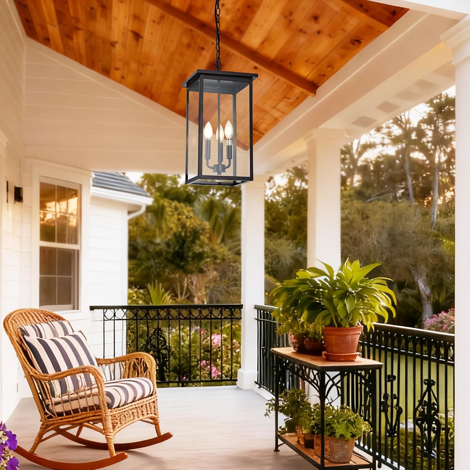 Large Outdoor Pendant Light Fixtures, Oil Rubbed Bronze 3-Lights Outdoor Ceiling Hanging Lanterns with Clear Glass, Exterior Gazebo Light for Patio, Porch, Yard, Gara