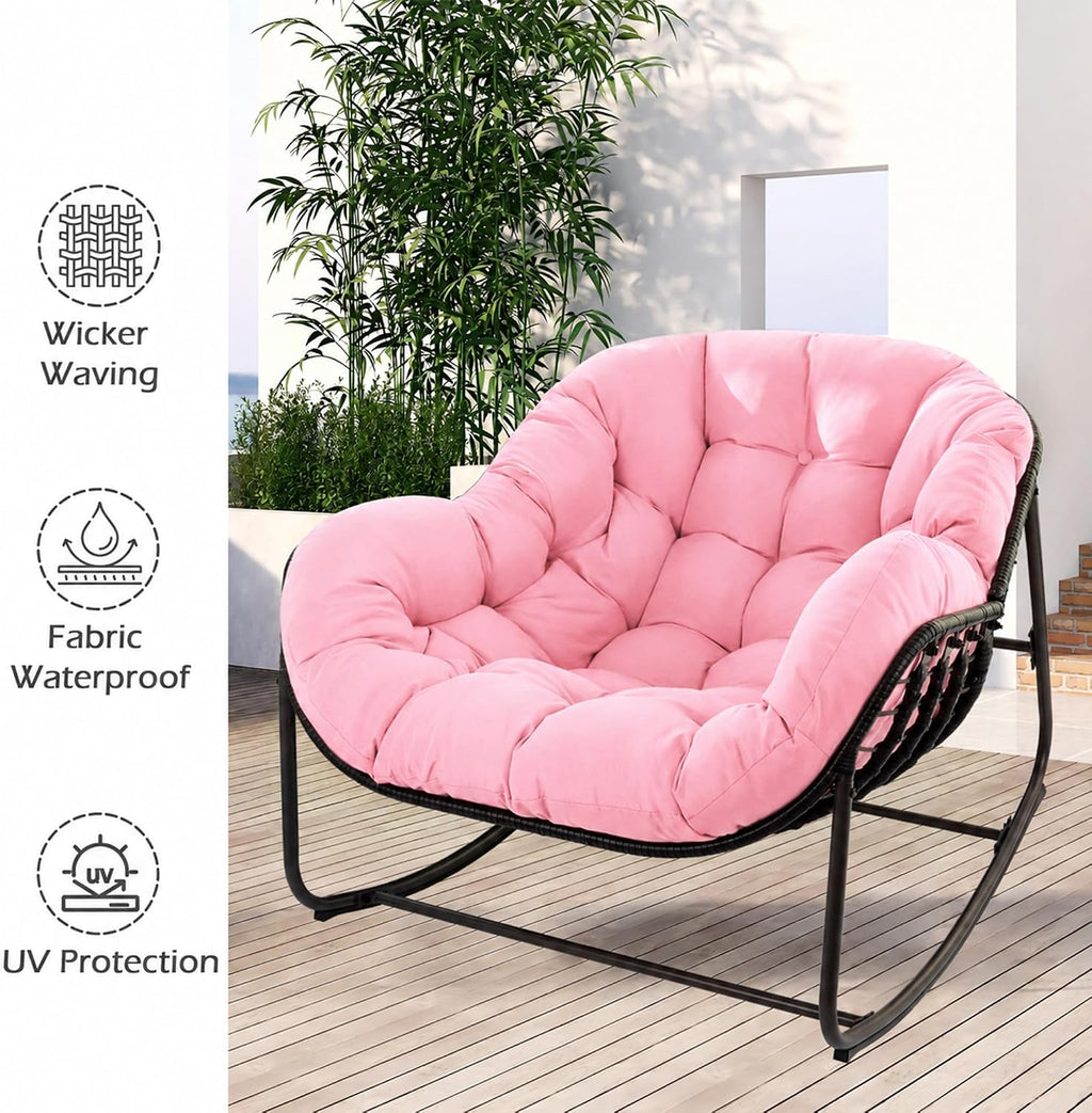 Papasan Rocking Chair, Oversized Papasan Chair with Cushion and Frame for Indoor& Outdoor,Egg-Shaped Patio Rocking Chair for Garden, Deck, Living Room, Pink