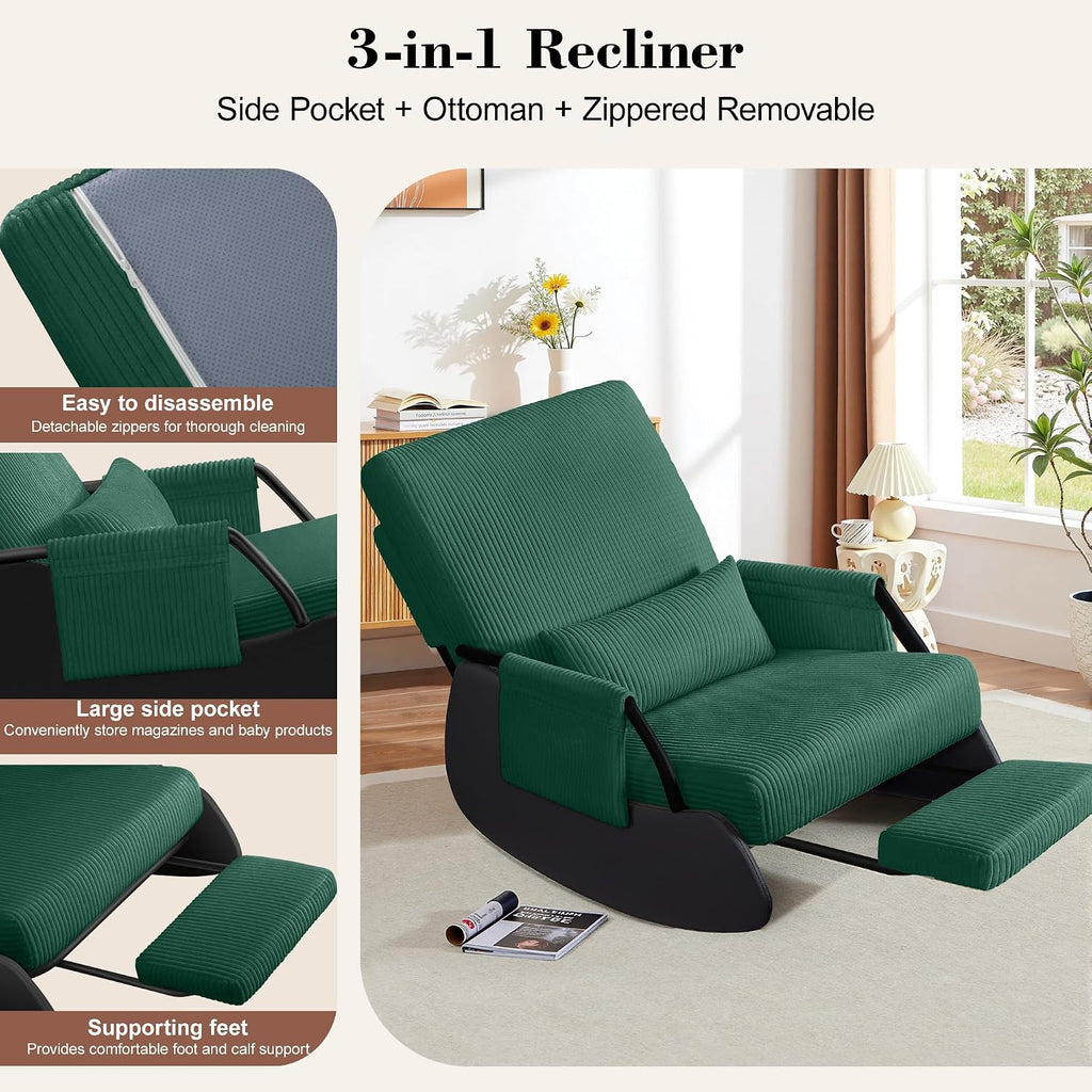 FelixKing Rocking Chair Nursery, Low-Seat Glider Chair, Upholstered Rocking Chair with Side Pocket and Foot Rest, Comfortable Modern Accent Armchair Recliner for Mom Nursery Living Room Bedroom Green
