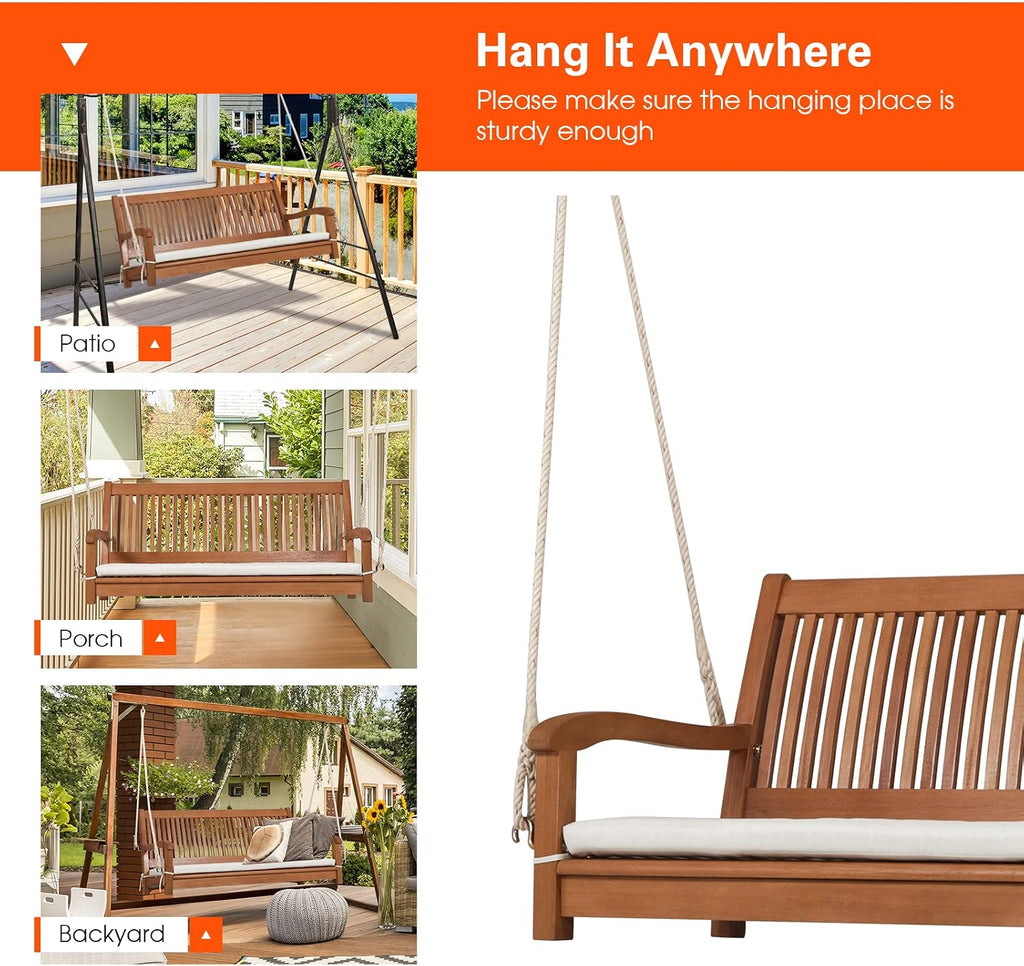 Tangkula 2 Person Hanging Porch Swing, Outdoor Bench Swing with Hanging Ropes, High Back, Cozy Armrests, Heavy Duty 800Lbs Wooden Hanging Swing Chair with Cushion for Backyard, Deck, Garden Natural