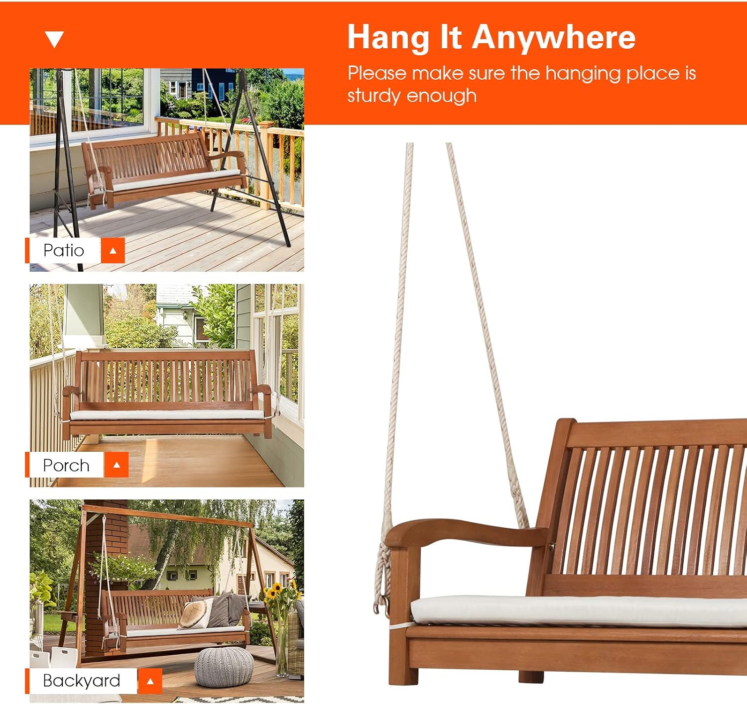 Tangkula 2 Person Hanging Porch Swing, Outdoor Bench Swing with Hanging Ropes, High Back, Cozy Armrests, Heavy Duty 800Lbs Wooden Hanging Swing Chair with Cushion for Backyard, Deck, Garden Natural