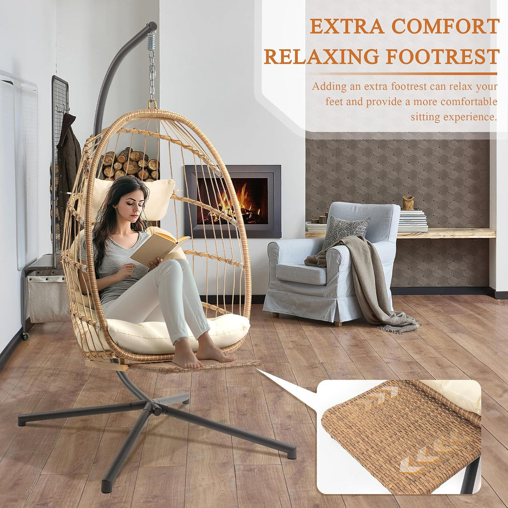 Hanging Egg Chair with Stand and Footrest for Indoor Outdoor - Patio Swing Egg Chairs Wicker Hammock Chair Bedroom, Aluminum Steel Frame and UV Resistant Cushion 370LBS Capacity for Kids Adults, Beige
