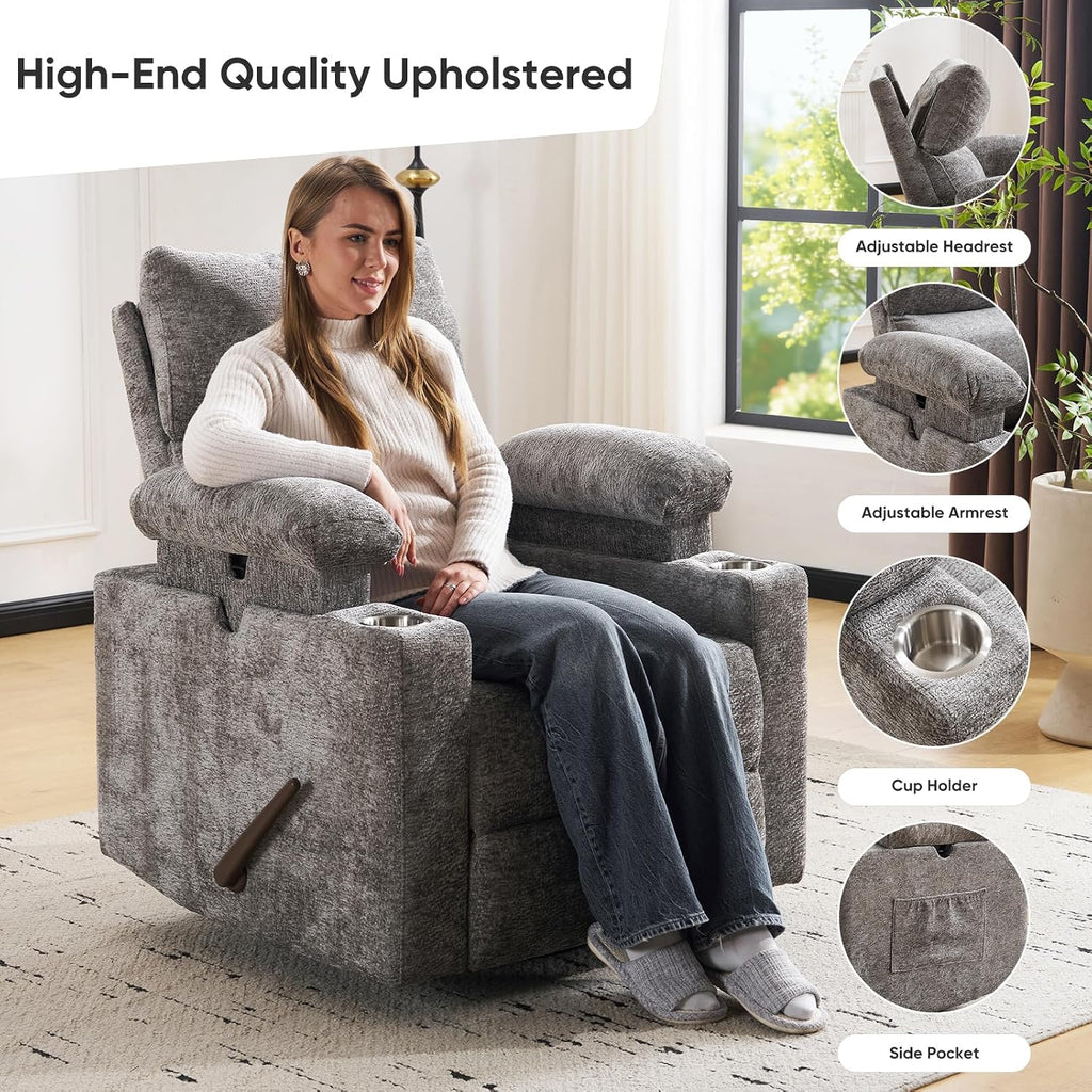 Swivel Rocker Recliner with Adjustable Armrests, Rocking Nursery Chair with Adjustable Headrest, Cup Holder, Manual Recliner Nursing Chair for Breastfeeding, Chenille Dark Grey