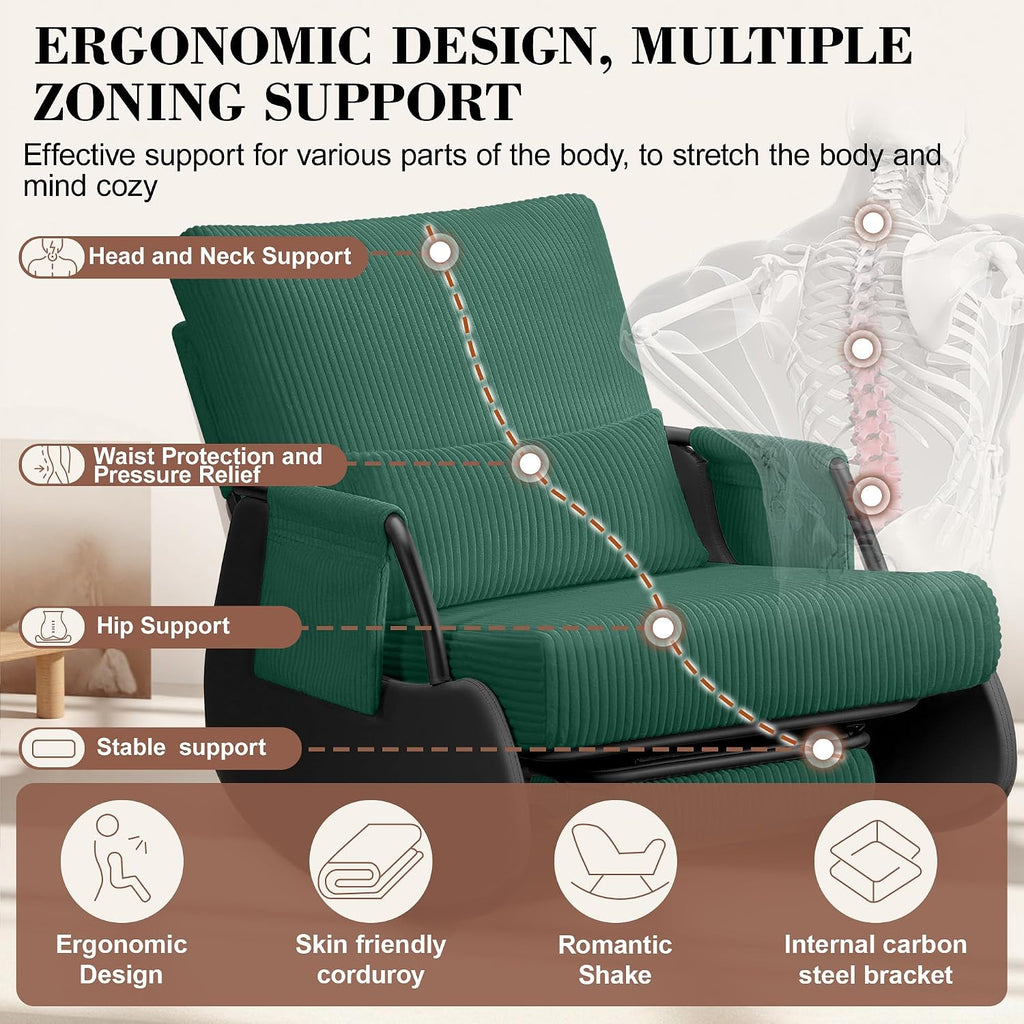 FelixKing Rocking Chair Nursery, Low-Seat Glider Chair, Upholstered Rocking Chair with Side Pocket and Foot Rest, Comfortable Modern Accent Armchair Recliner for Mom Nursery Living Room Bedroom Green