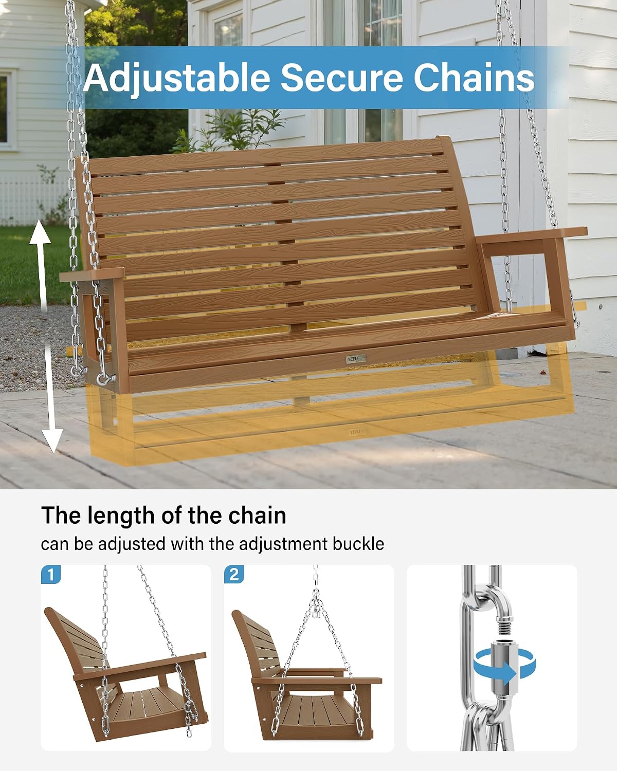 YEFU Hanging Porch Swing Outdoor: 2-Seat Patio Swing Bench-All Weather Swings Chair with Hanging Chains-Look Like Real Wood-Garden/Courtyard/660Lbs Weight Capacity/4FT/Teak