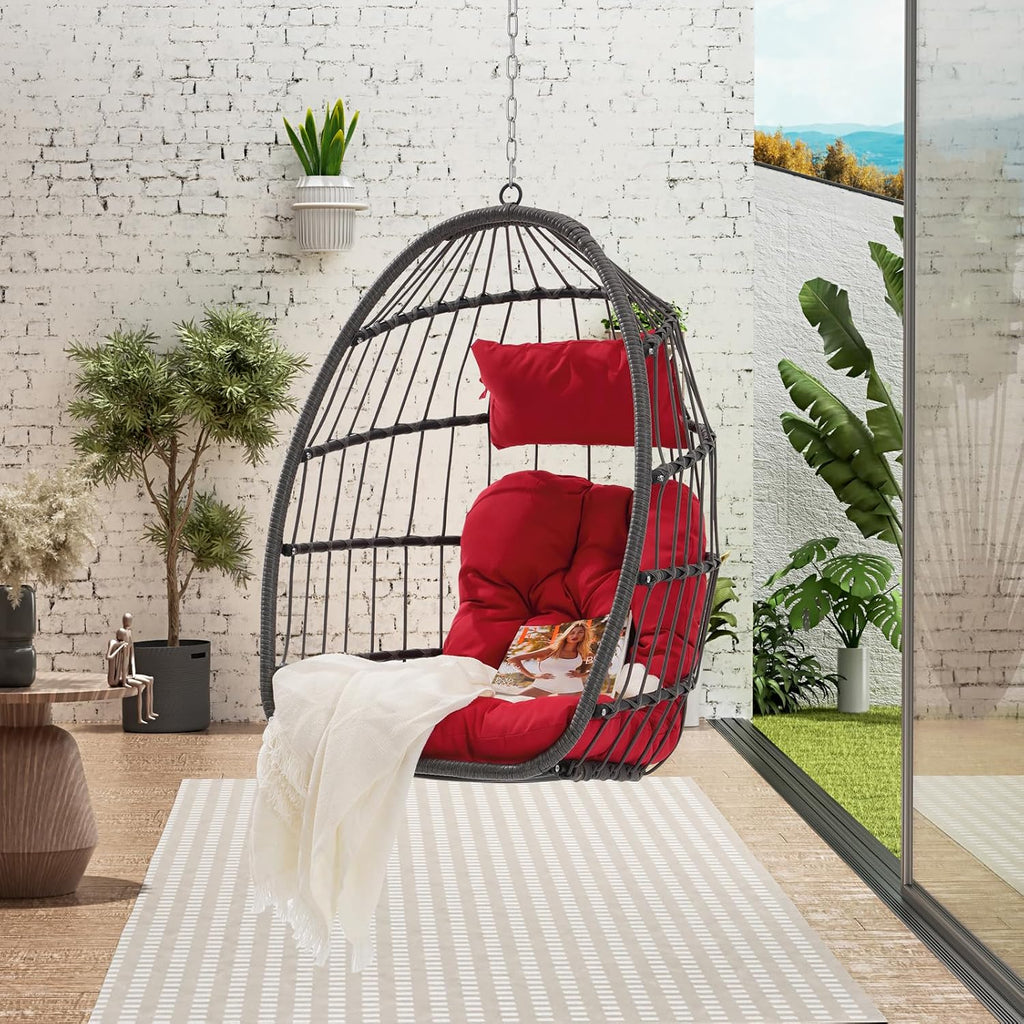 Egg Swing Chair with UV Resistant & Strong Frame, Wicker Rattan Egg Chair with Stand, 360 lbs Capacity Hanging Chairs for Indoor & Outdoor Use, Patio Balcony Garden Bedroom, Red