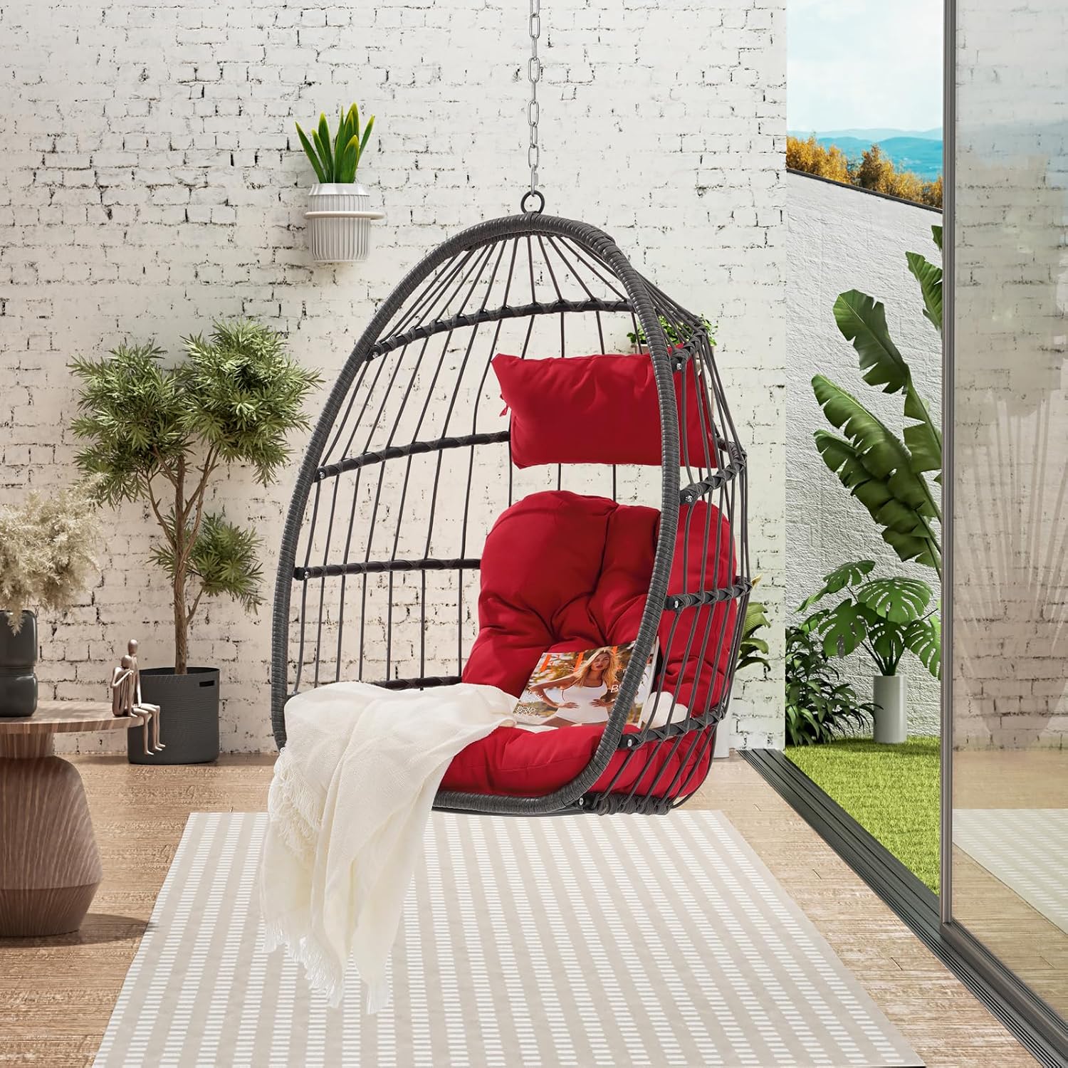 Egg Swing Chair with UV Resistant & Strong Frame, Wicker Rattan Egg Chair with Stand, 360 lbs Capacity Hanging Chairs for Indoor & Outdoor Use, Patio Balcony Garden Bedroom, Red