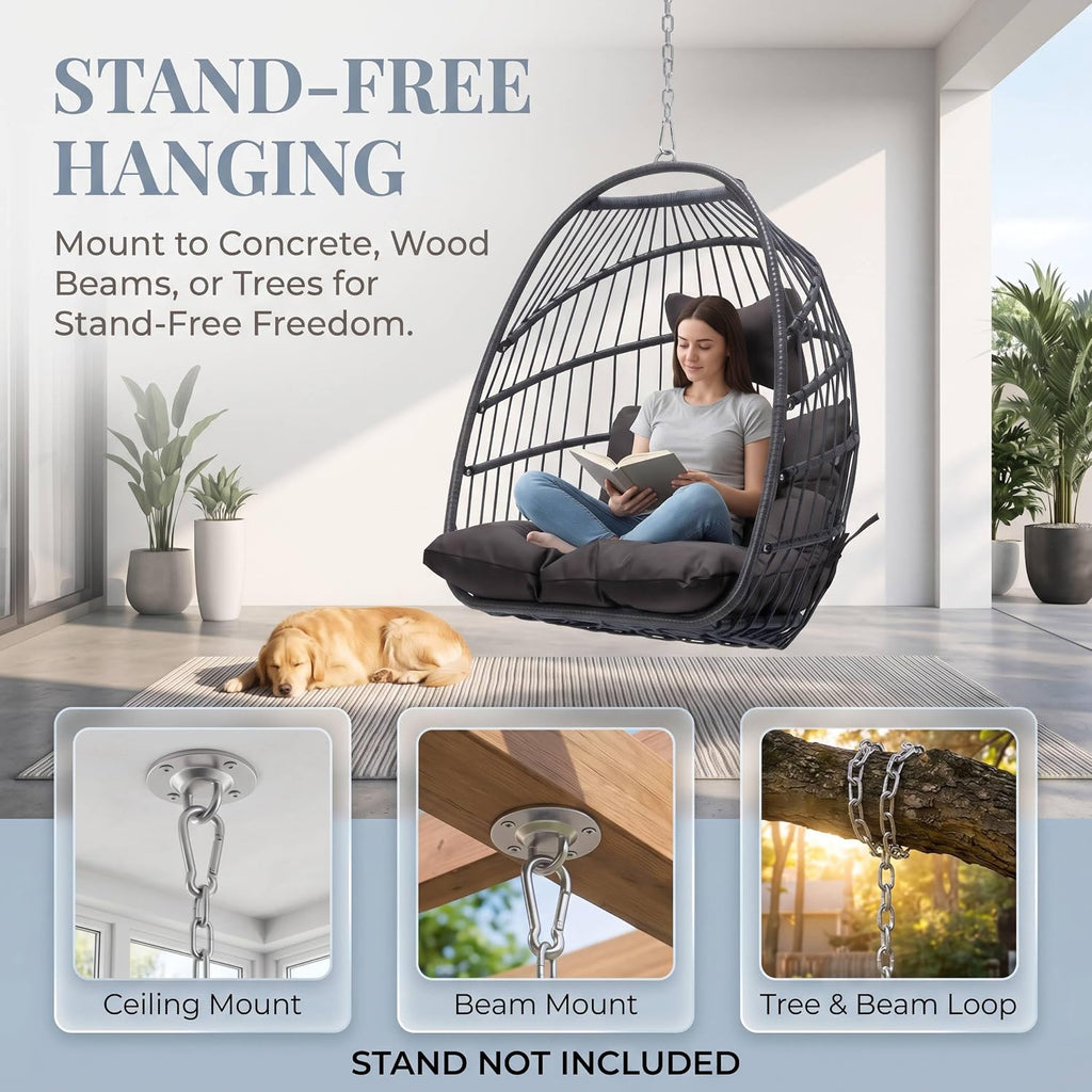 Nicesoul Foldable Space-Saving Hanging Egg Chair No Stand, 350lbs Reinforced Frame with Swing Design, Deep Seat with Thick Cushion, UV-Resistant Outdoor Indoor Use for Balcony Patio, Dark Grey