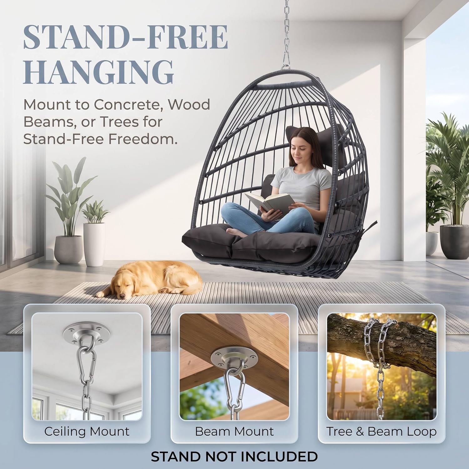 Nicesoul Foldable Space-Saving Hanging Egg Chair No Stand, 350lbs Reinforced Frame with Swing Design, Deep Seat with Thick Cushion, UV-Resistant Outdoor Indoor Use for Balcony Patio, Dark Grey