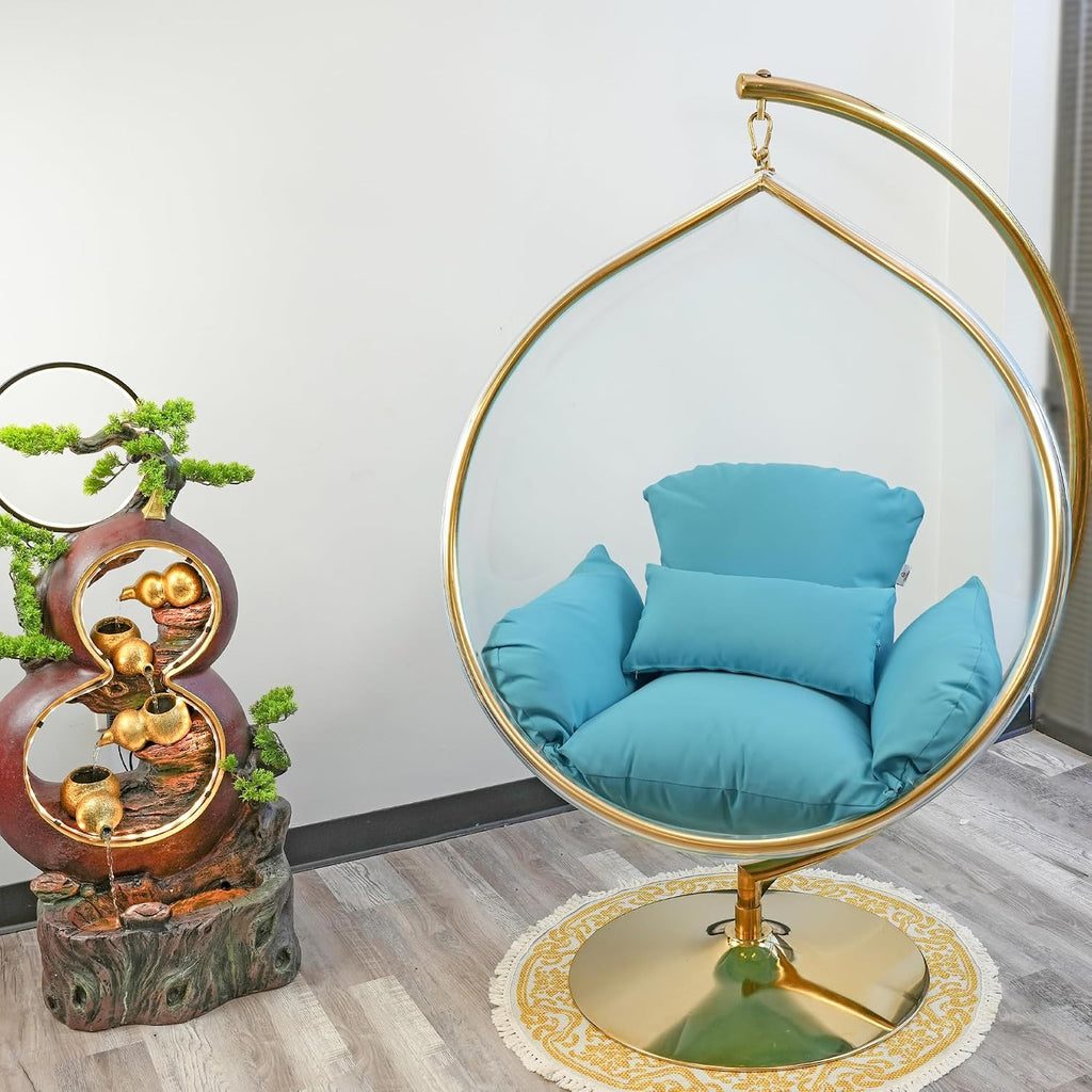 Hanging Chair - Transparent Acrylic Bubble, Waterdrop Shape, Indoor Swing Chair with Gold/Chrome Stand, Durable Fabric Cushion - Luxury Accent for Living Room, Bedroom (Gold/Blue)