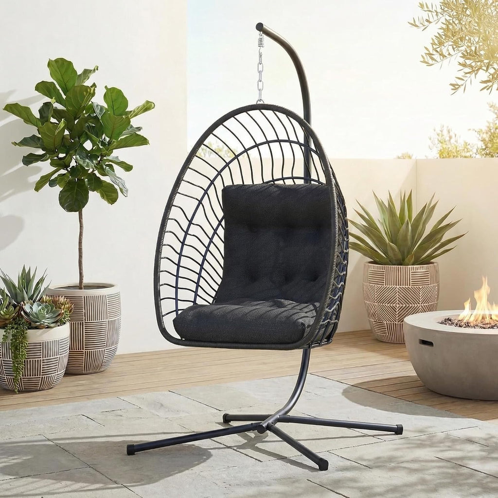 Kingdura Hanging Egg Chair with Stand Indoor Outdoor, Foldable Rattan Wicker Hammock Egg Swing Chair for Bedroom Porch Patio Garden, Thickened Cushion, 350LBS Capacity, Heavy Duty Frame
