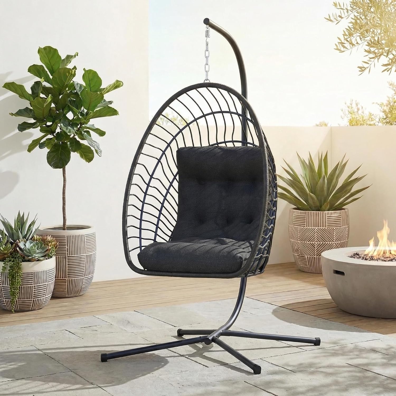 Kingdura Hanging Egg Chair with Stand Indoor Outdoor, Foldable Rattan Wicker Hammock Egg Swing Chair for Bedroom Porch Patio Garden, Thickened Cushion, 350LBS Capacity, Heavy Duty Frame