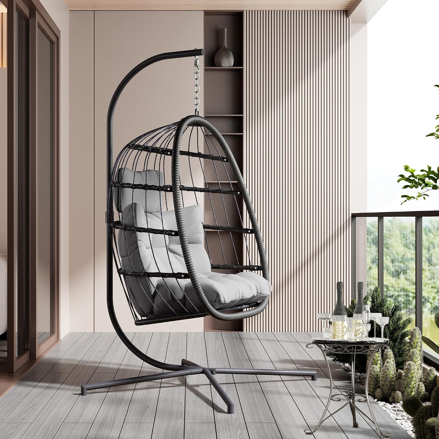 HWB Hanging Egg Chair with Stand, Patio Wicker Egg Swing Chair with Cushion for Bedroom Garden Indoor Outdoor (Grey)