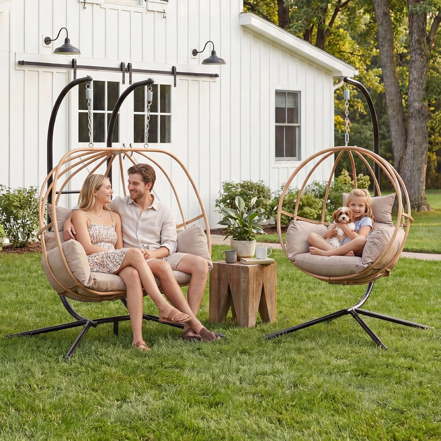 Egg Chair Outdoor, Imitation Rattan Hanging Egg Chair with Stand, Hanging Chairs with Cushions, 80' High All Weather Basket Swinging Chairs, Egg Swing Chairs Outdoorfor Balcony/Deck, Khaki