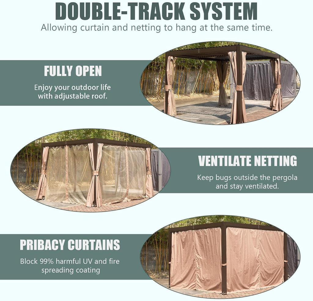 Domi 10'x10' Aluminum Louvered Pergola Outdoor Pergola with Adjustable Roof Sun Shade Gazebo with Gutter System for Backyard Garden Deck (Dark Brown)
