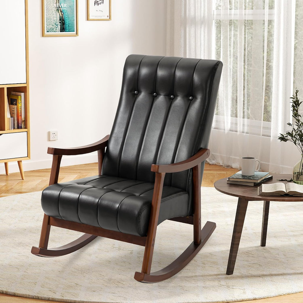 AVAWING Upholstered Rocking Chair with PU Leather Padded Seat,Comfortable Rocker Solid Wood for Living Room,Modern High Back Armchair,Adult Single Sofa,Old Man Chair (Black)