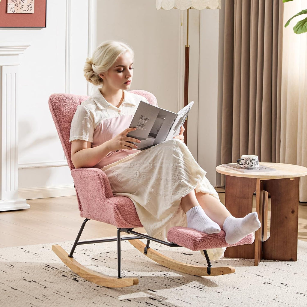 Furniliving Nursery Rocking Chair Modern Armchair Upholstered Glider Rocking Chair Accent Chair with Retractable Footrest Reading Chair with High Backrest Solid Wood Base for Bedroom, Pink, Teddy