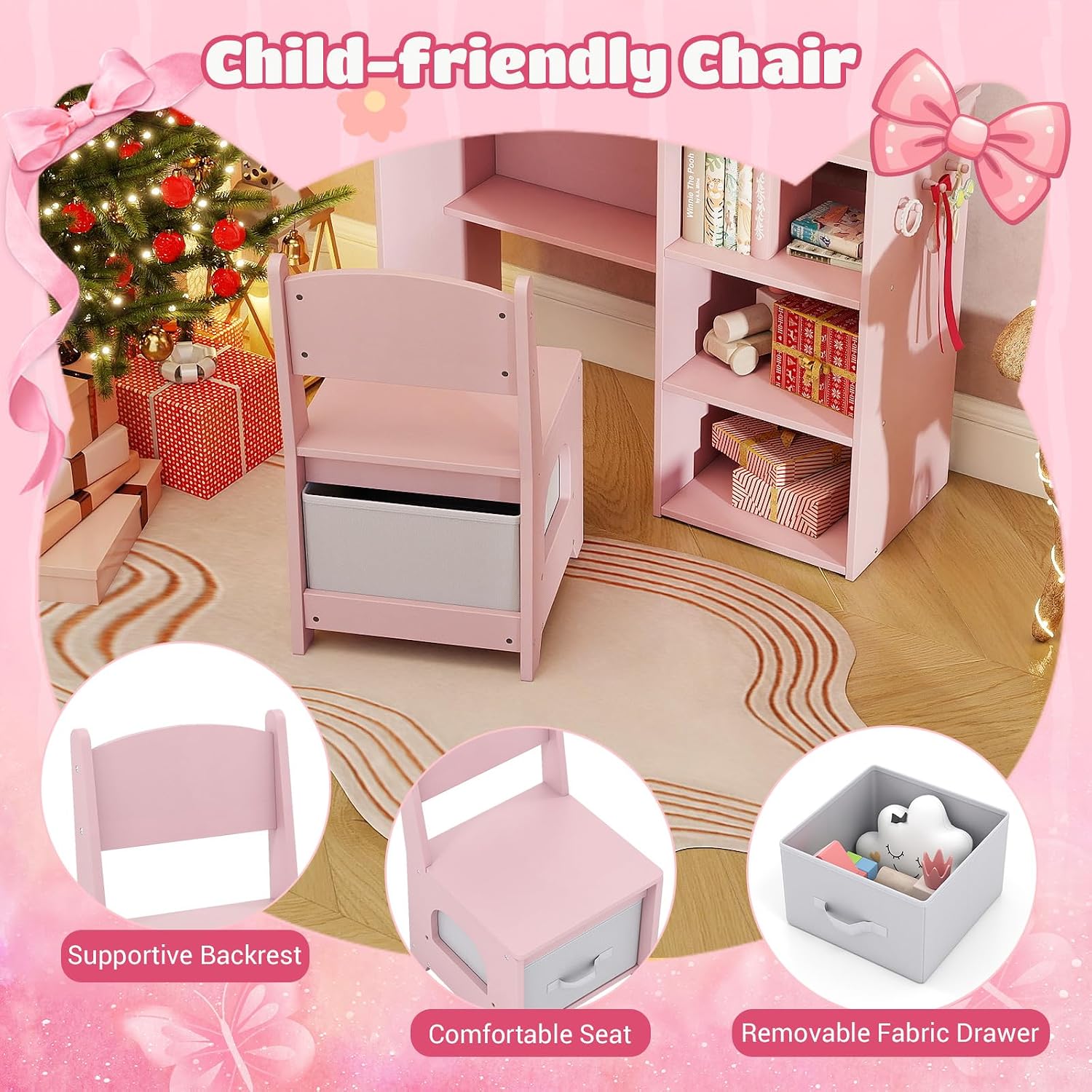 Costzon Kids Vanity with Lights, Girls Vanity Set with Mirror, Storage Drawer, Hooks & Shelves, Toddler Makeup Vanity Desk Dressing Table, Wooden Kids Vanity Table and Chair Set (Pink)