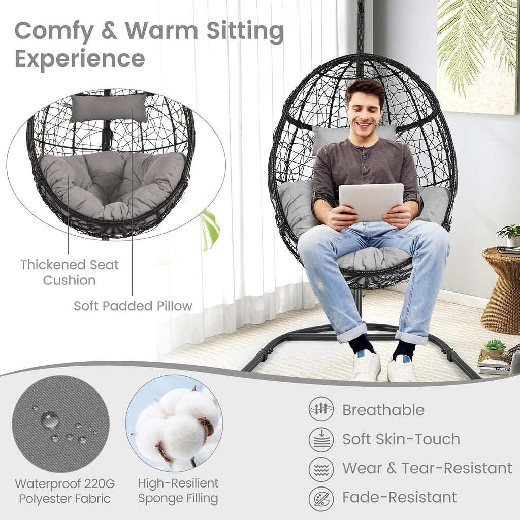 Tangkula Egg Chair with Stand, Hanging Egg Swing Chair with Removable Seat Cushion & Headrest, All-Weather Indoor Outdoor Hanging PE Wicker Egg Chairs for Outside, Balcony, Bedroom (Grey)