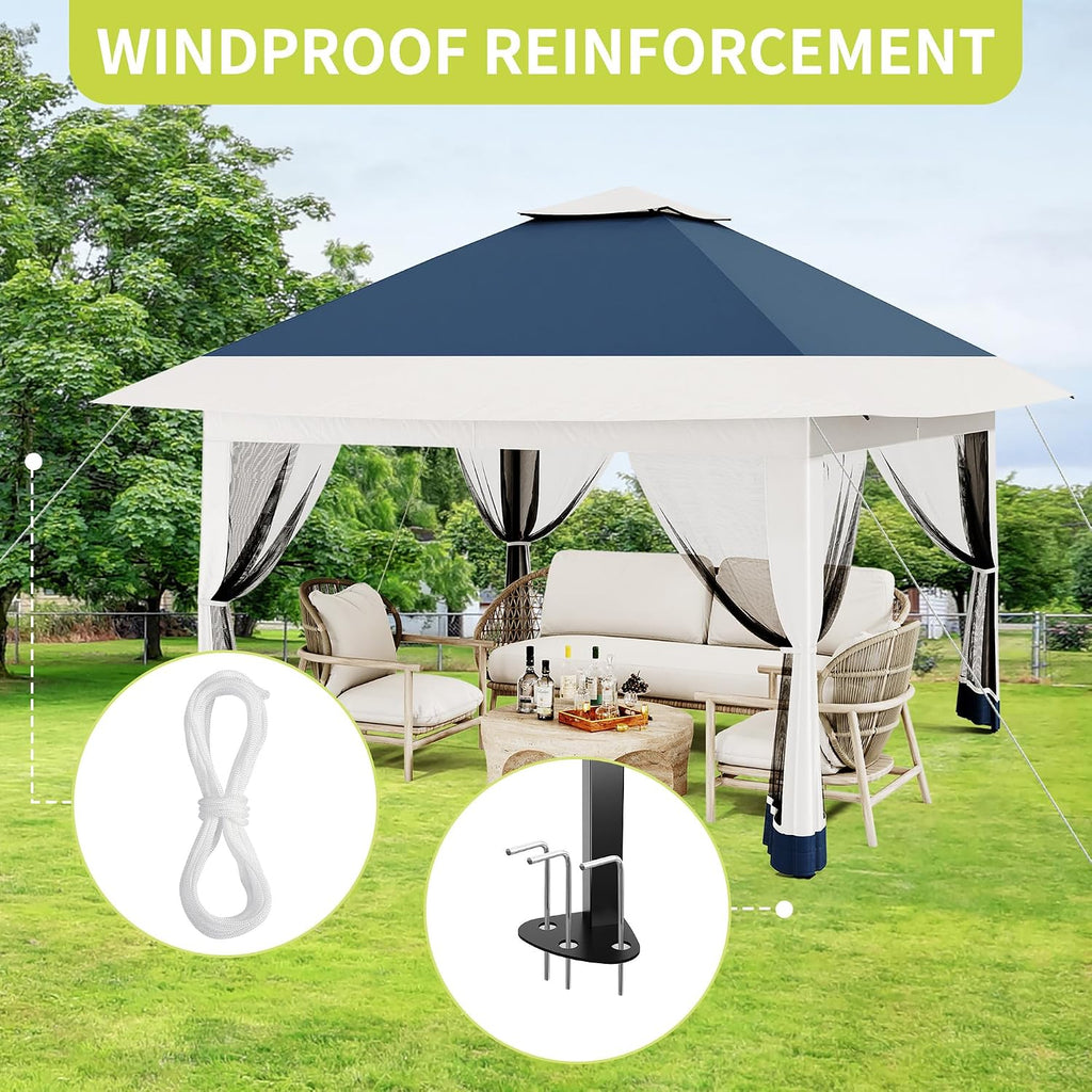 12x12ft Patio Gazebo, Outdoor Canopy with Mesh Walls, Pop Up Gazebo Tent with 4 Ropes 8 Stakes & Portable Carrying Bag, Double Roof, Easy Up Pavilion for Outside Garden, Backyard, Lawn
