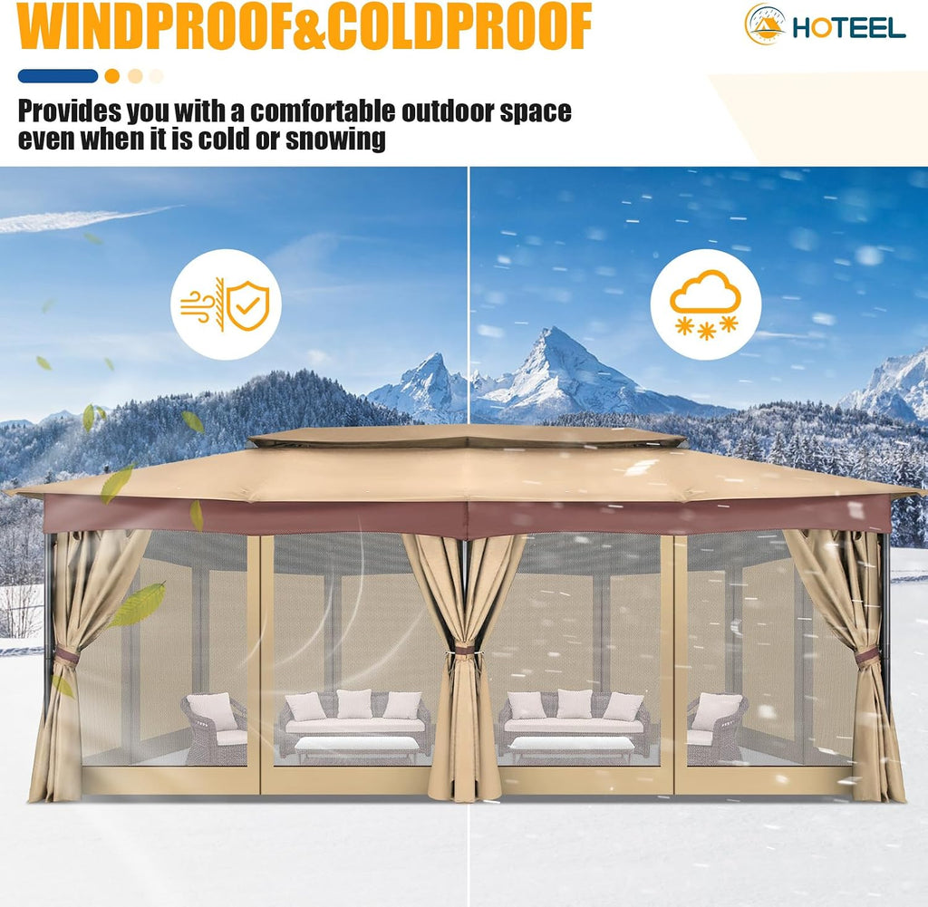 HOTEEL Gazebo 12x20, Outdoor Gazebo on Clearance with Double Ventilated Arc Roof, Privacy Curtains & Mosquito Netting, Easy Set up Canopy Tent with Stable Metal Frame for Patio, Khaki (Windproof)