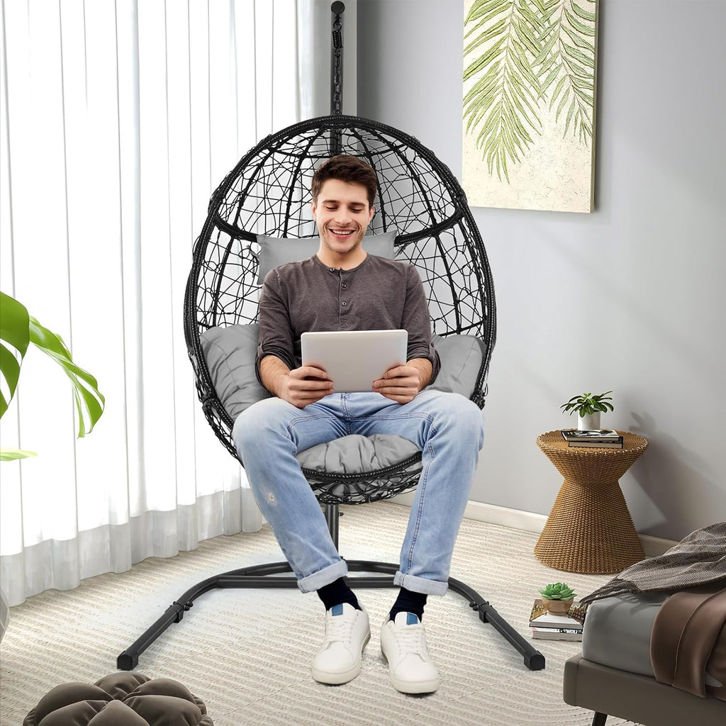 Tangkula Egg Chair with Stand, Hanging Egg Swing Chair with Removable Seat Cushion & Headrest, All-Weather Indoor Outdoor Hanging PE Wicker Egg Chairs for Outside, Balcony, Bedroom (Grey)