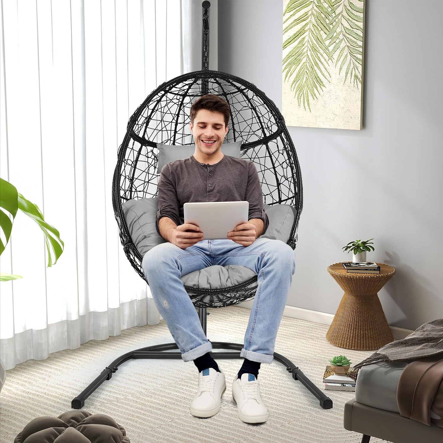 Tangkula Egg Chair with Stand, Hanging Egg Swing Chair with Removable Seat Cushion & Headrest, All-Weather Indoor Outdoor Hanging PE Wicker Egg Chairs for Outside, Balcony, Bedroom (Grey)