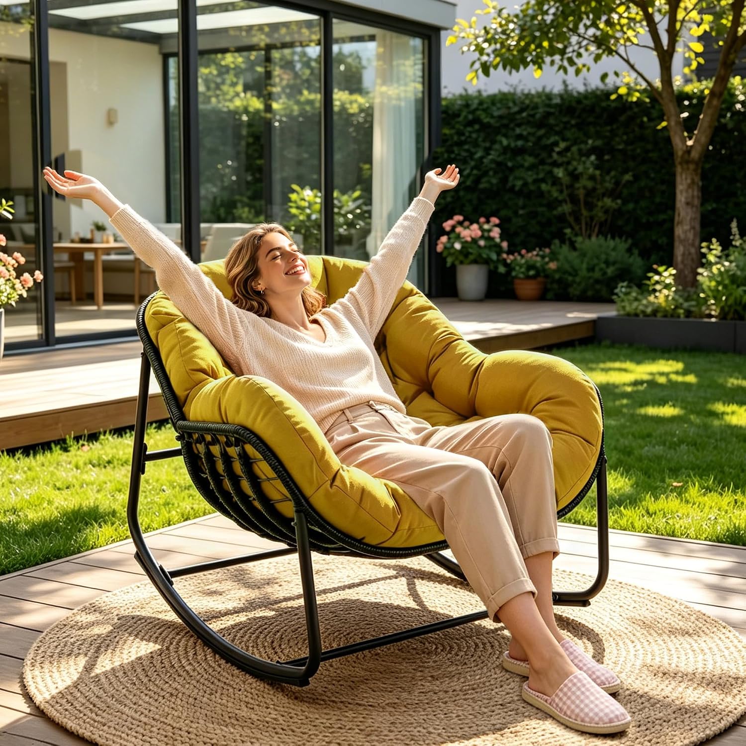 Papasan Rocking Chair, Oversized Egg Rocker for Indoor & Outdoor Use, All-Weather Wicker Patio Chair with Cushion & Pillow, Papasan Rocking Egg Chair for Bedroom, Garden, Yellow